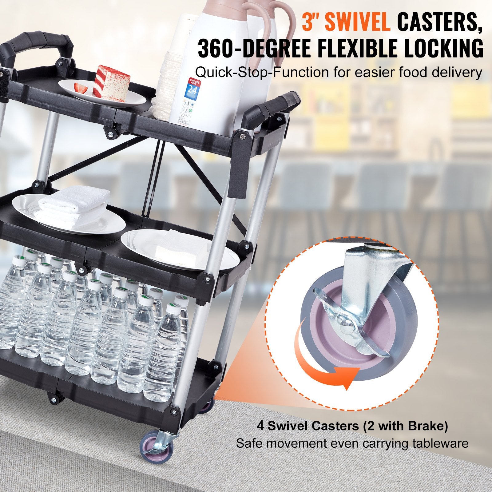 Foldable 3-Shelf Utility Service Cart 165lbs Heavy Duty Rolling Plastic Cart
