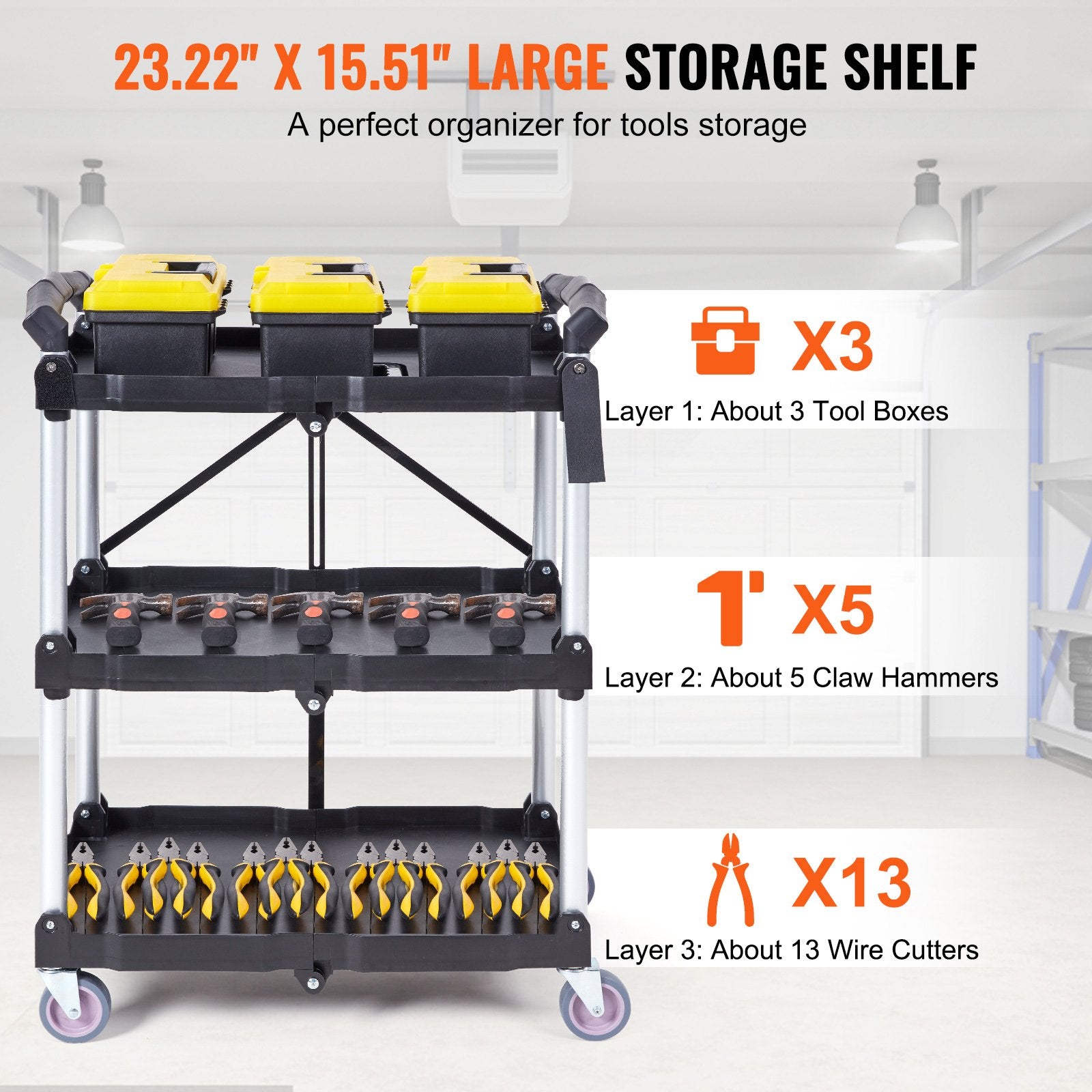 Foldable 3-Shelf Utility Service Cart 165lbs Heavy Duty Rolling Plastic Cart