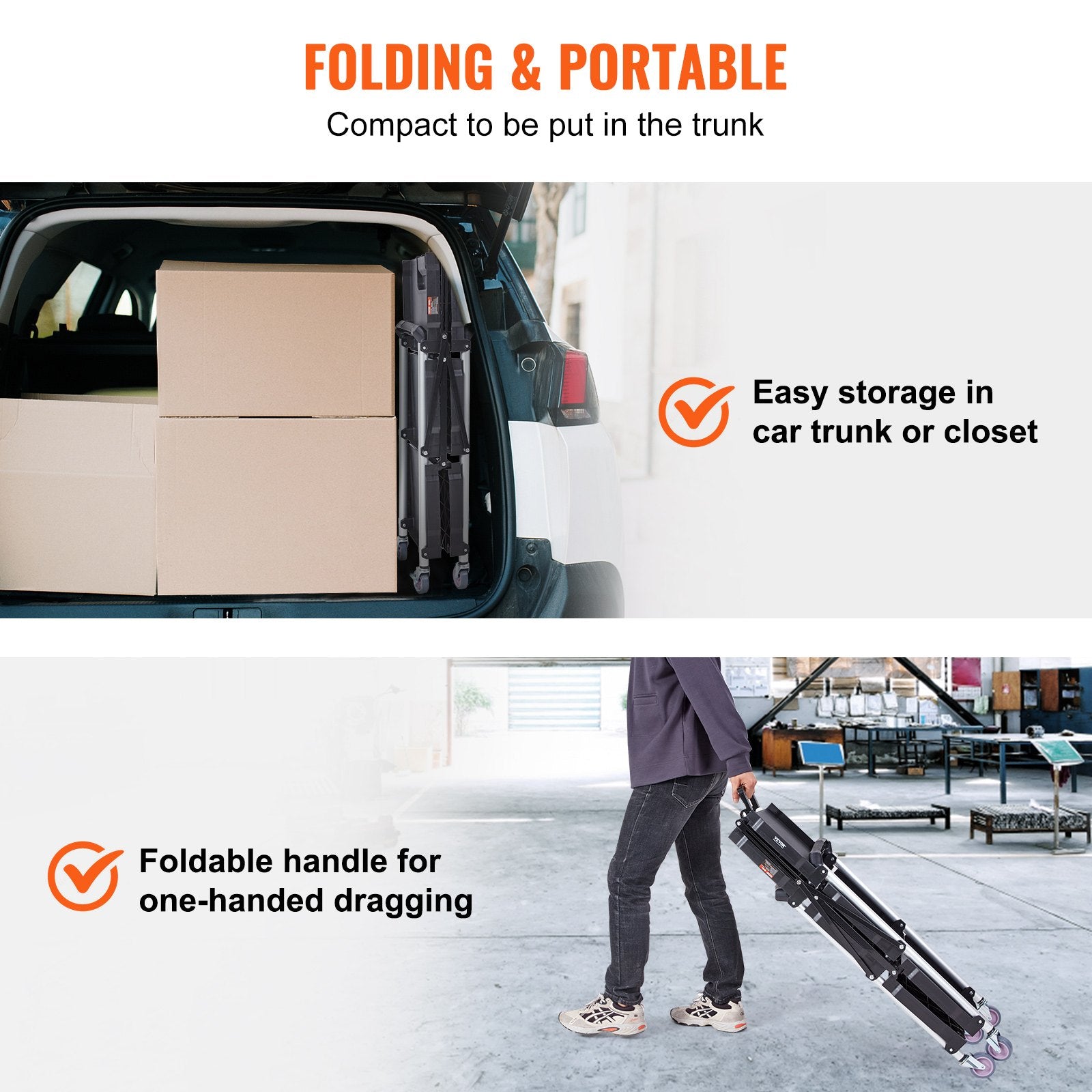 Foldable 3-Shelf Utility Service Cart 165lbs Heavy Duty Rolling Plastic Cart