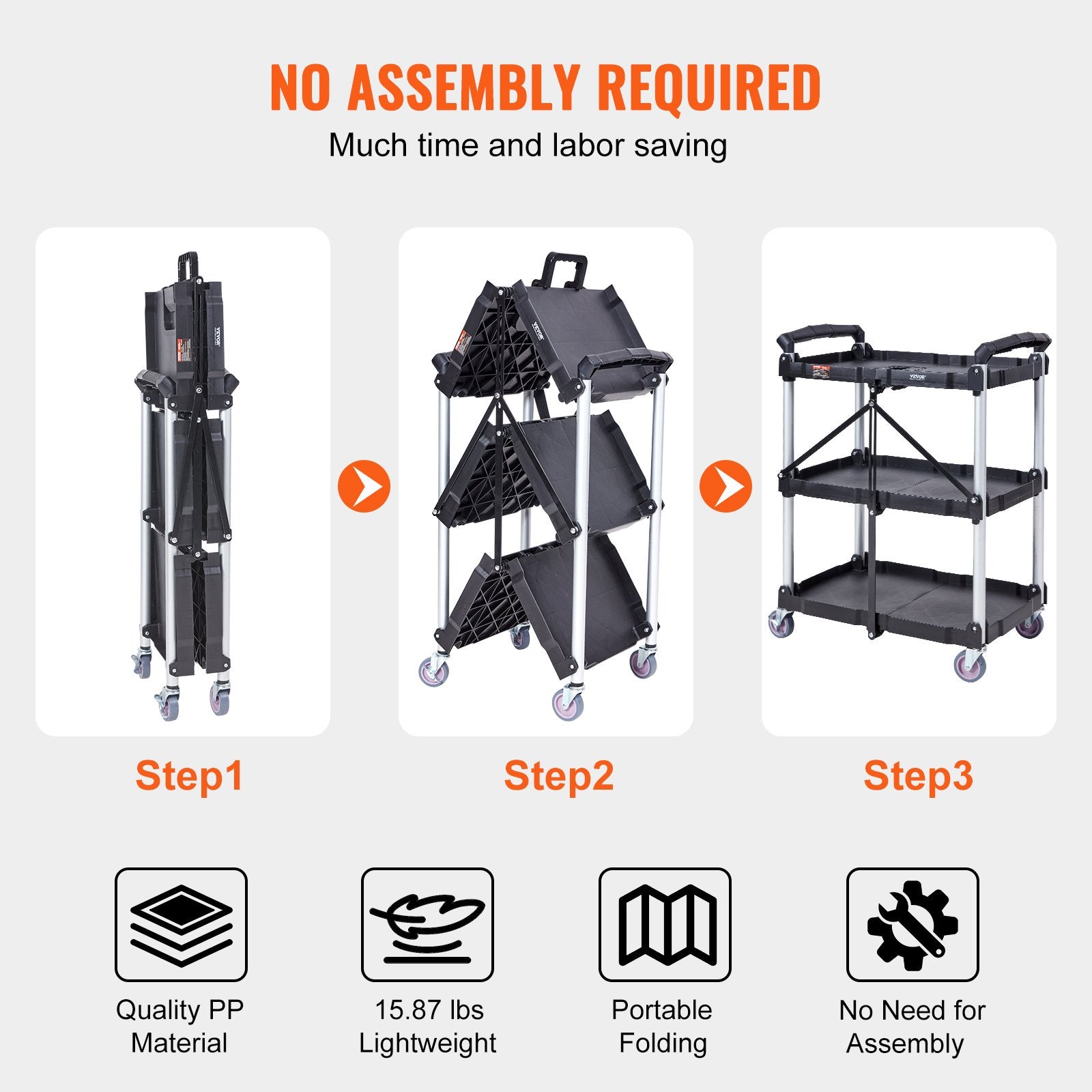 Foldable 3-Shelf Utility Service Cart 165lbs Heavy Duty Rolling Plastic Cart
