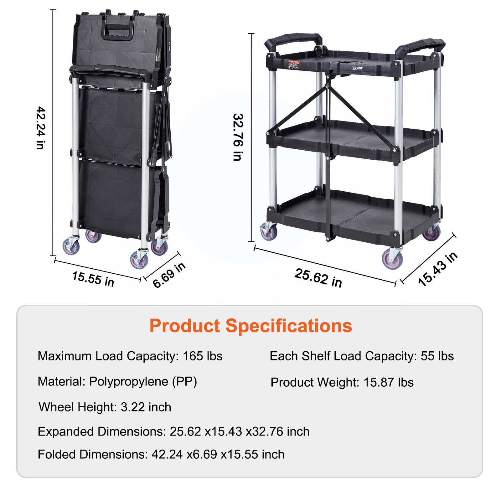 Foldable 3-Shelf Utility Service Cart 165lbs Heavy Duty Rolling Plastic Cart