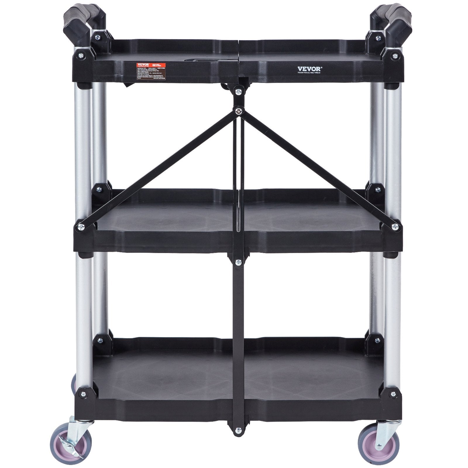 Foldable 3-Shelf Utility Service Cart 165lbs Heavy Duty Rolling Plastic Cart