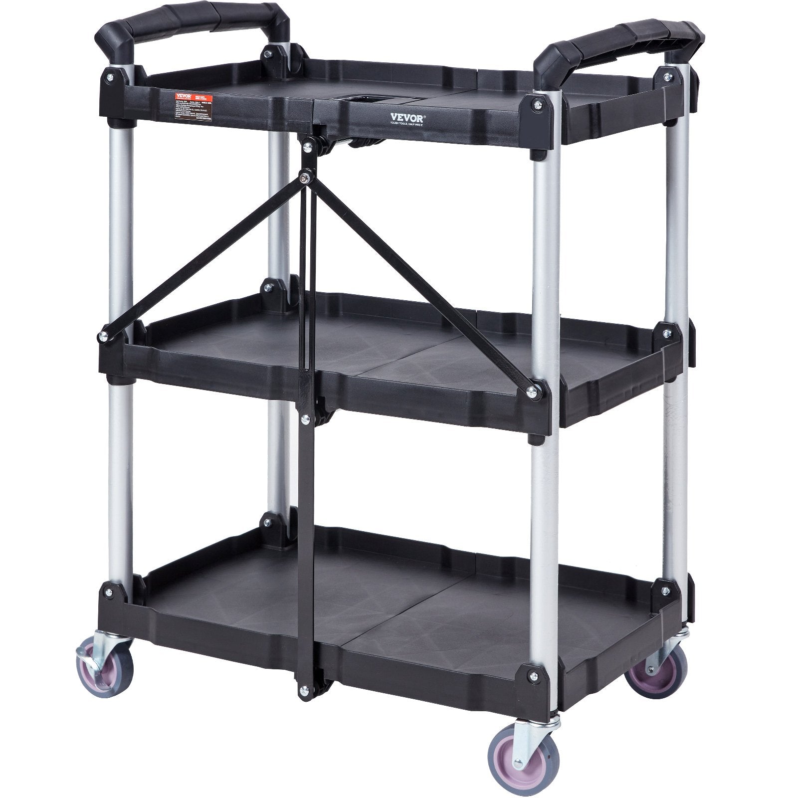 Foldable 3-Shelf Utility Service Cart 165lbs Heavy Duty Rolling Plastic Cart