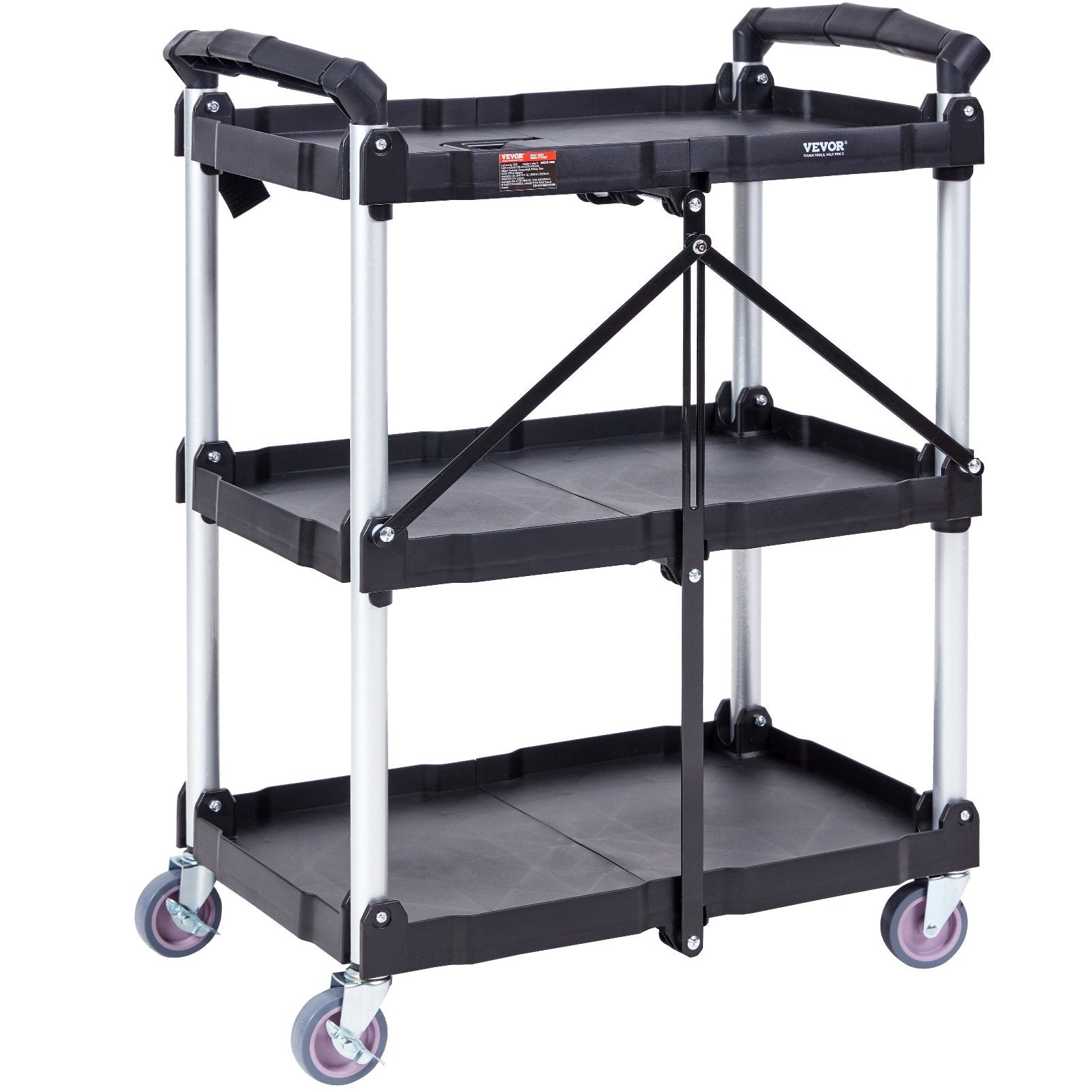 Foldable 3-Shelf Utility Service Cart 165lbs Heavy Duty Rolling Plastic Cart