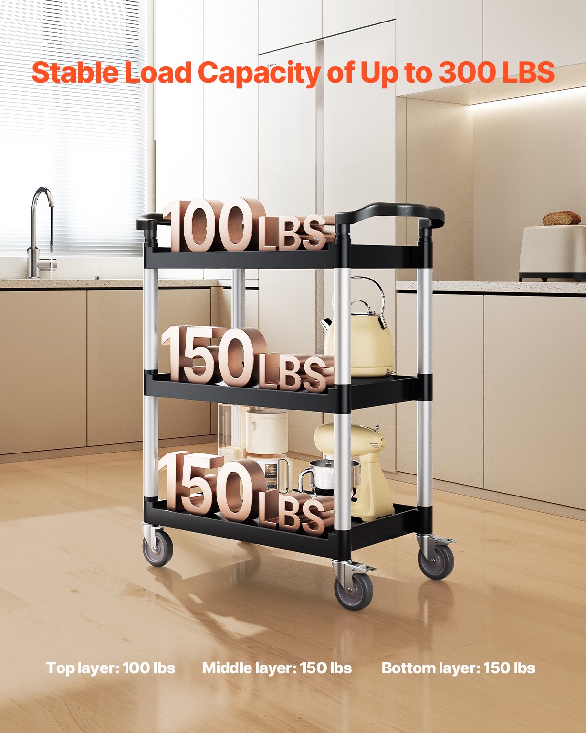 Utility Cart 300 lbs 3-Tier Plastic with 360° Swivel Wheels Food Service Cart