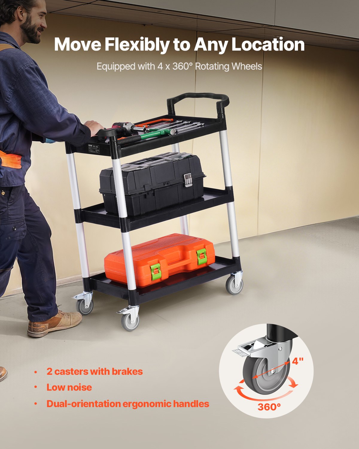 Utility Cart 300 lbs 3-Tier Plastic with 360° Swivel Wheels Food Service Cart