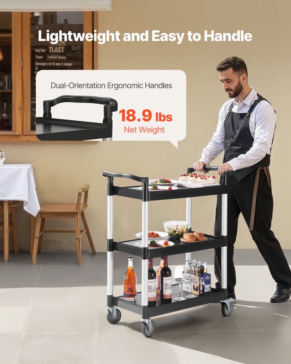 Utility Cart 300 lbs 3-Tier Plastic with 360° Swivel Wheels Food Service Cart