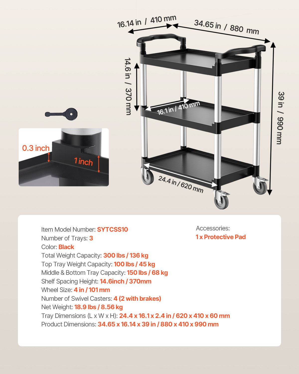 Utility Cart 300 lbs 3-Tier Plastic with 360° Swivel Wheels Food Service Cart