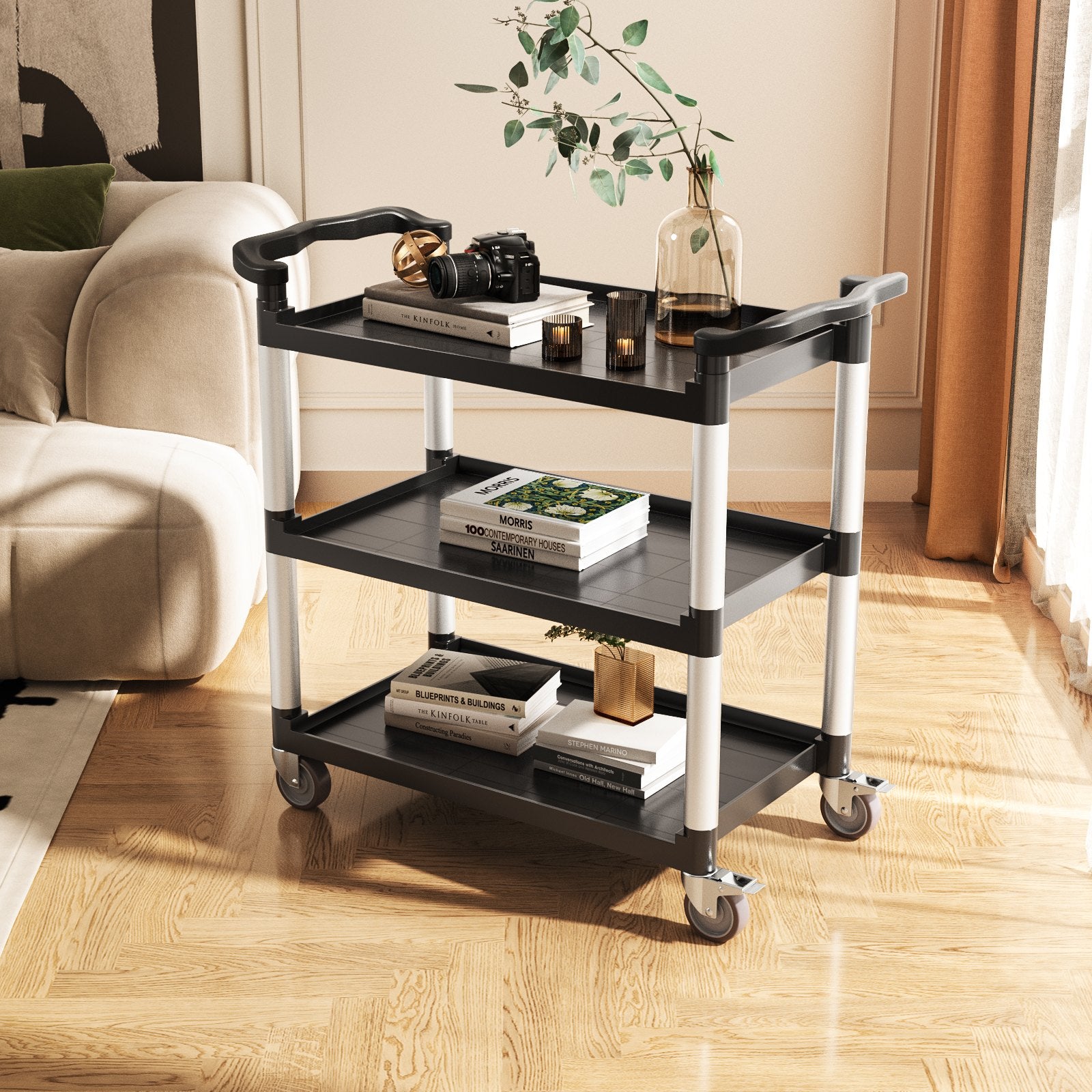 Utility Cart 300 lbs 3-Tier Plastic with 360° Swivel Wheels Food Service Cart