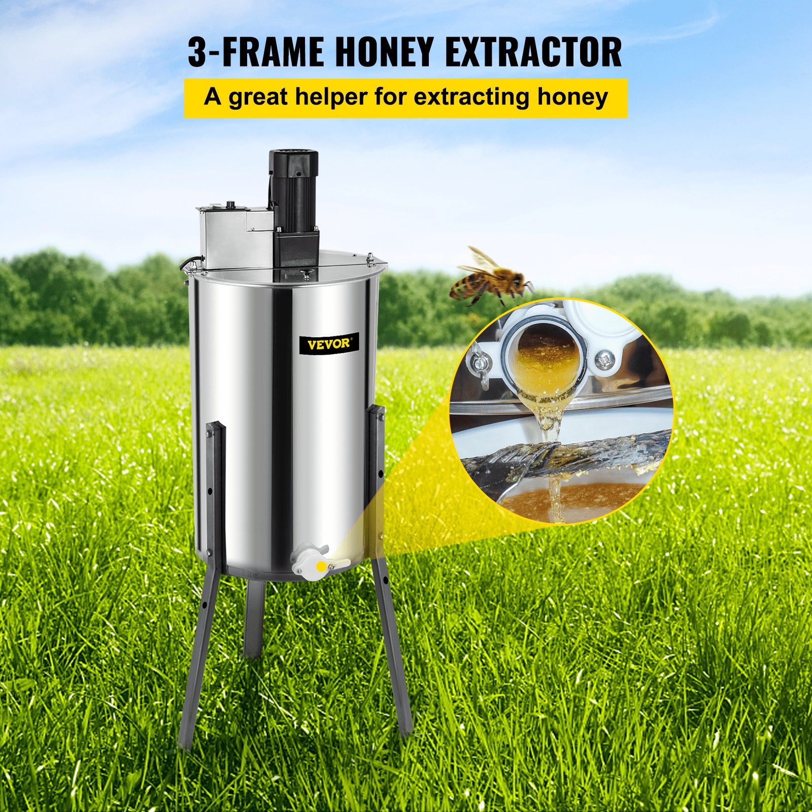 Electric Honey Extractor, 3 Frame Stainless Steel Bee Honey Spinner with Stand