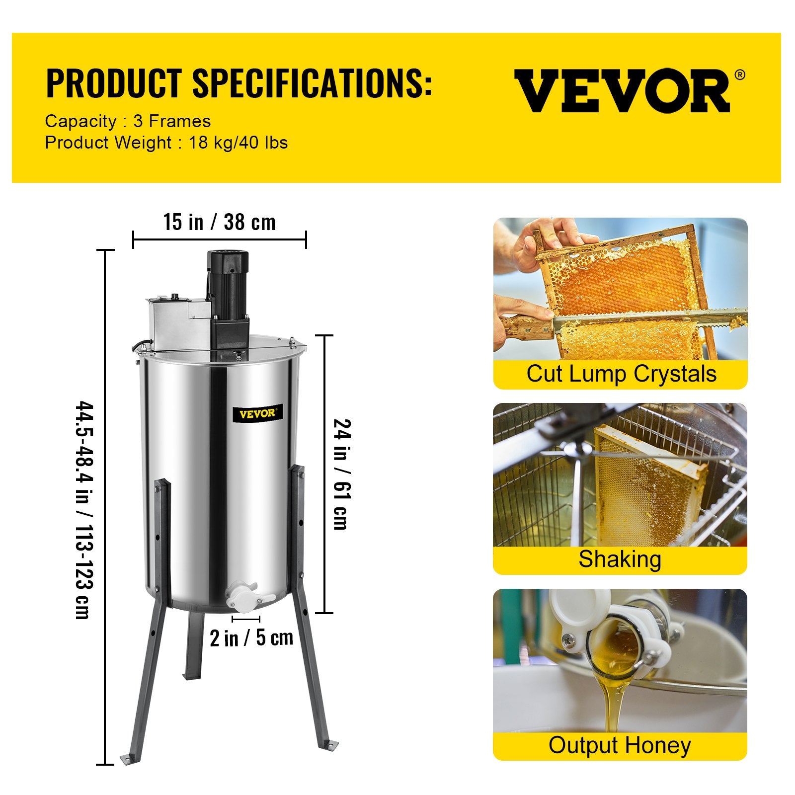 Electric Honey Extractor, 3 Frame Stainless Steel Bee Honey Spinner with Stand