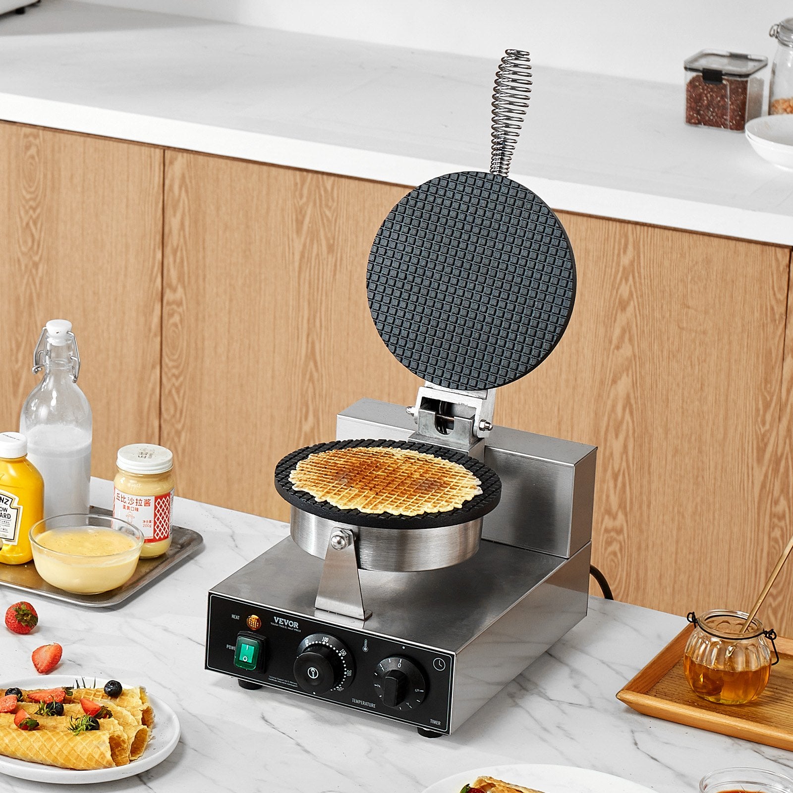 Electric Ice Cream Cone Maker 1230W Non-Stick Stainless Egg Roll Temp Control