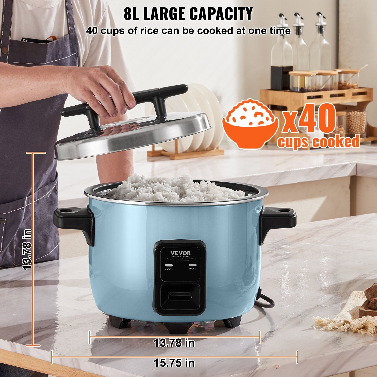 Commercial Rice Cooker 40-Cup 8L, Large Nonstick Cooker with 24H Warmer & Paddle