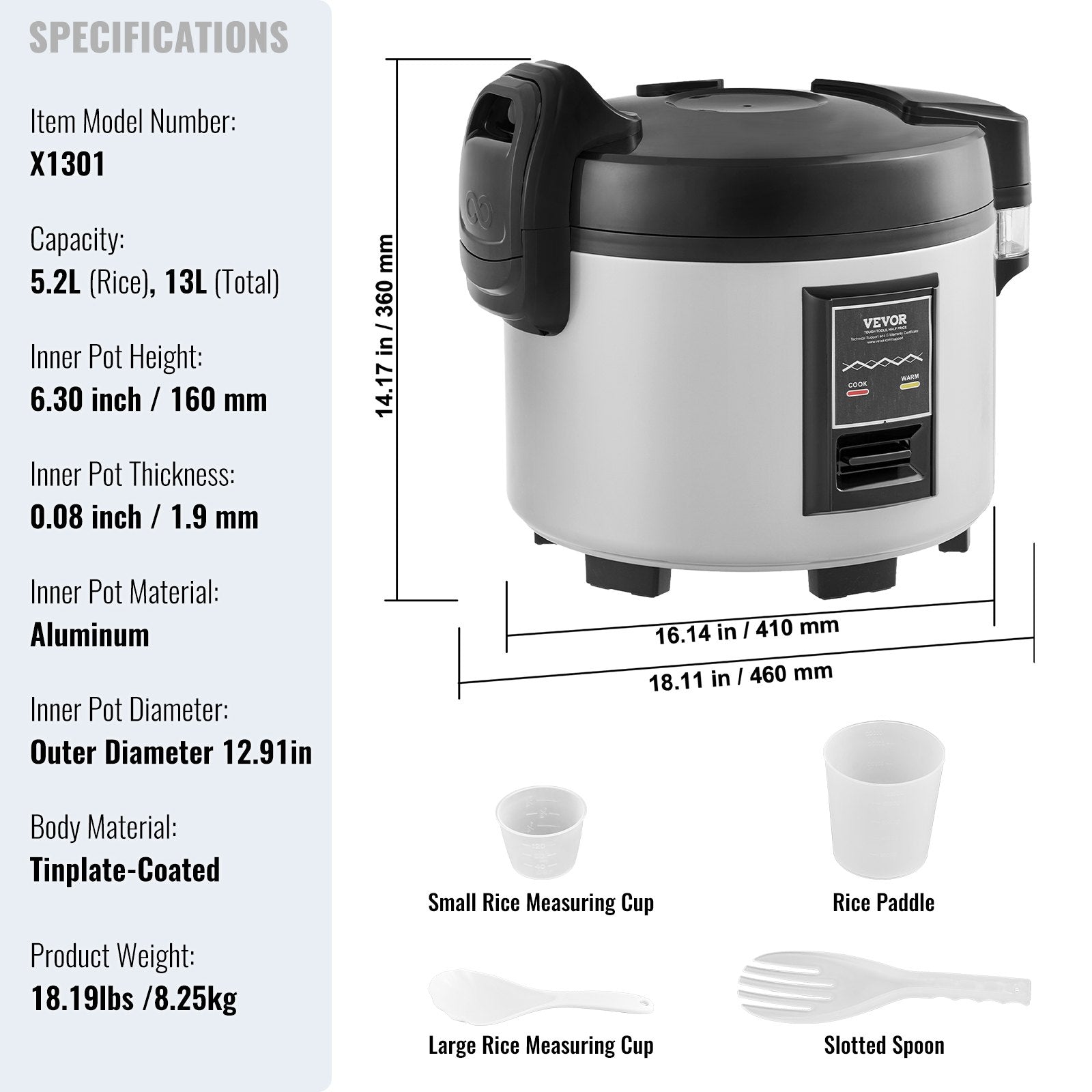 Commercial Rice Cooker 60-Cup 13L, Large Nonstick Cooker with Warmer & Paddle