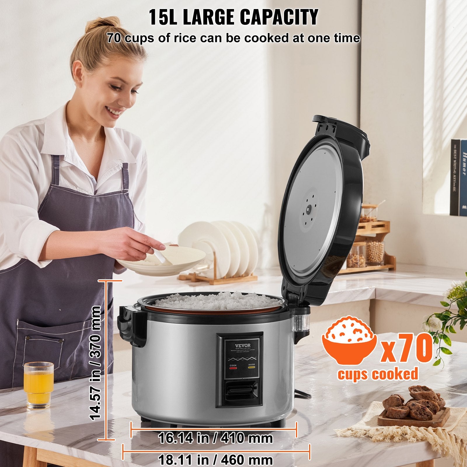 Commercial Rice Cooker 70-Cup 15L, Large Nonstick Cooker with Warmer & Paddle