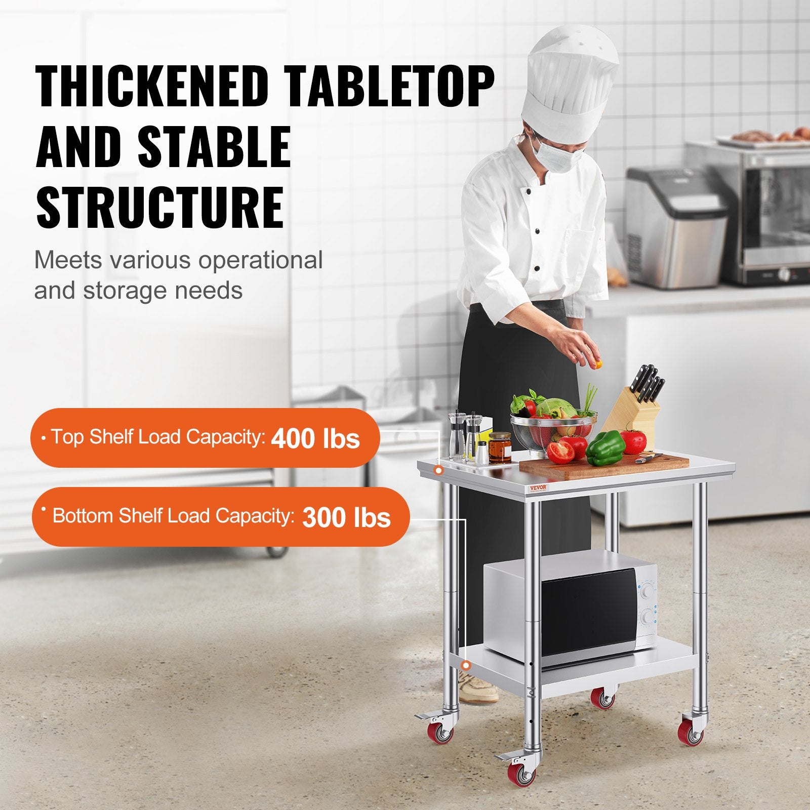 Stainless Steel Work Table 24x30x33.8in Wheels Heavy Duty Commercial Prep