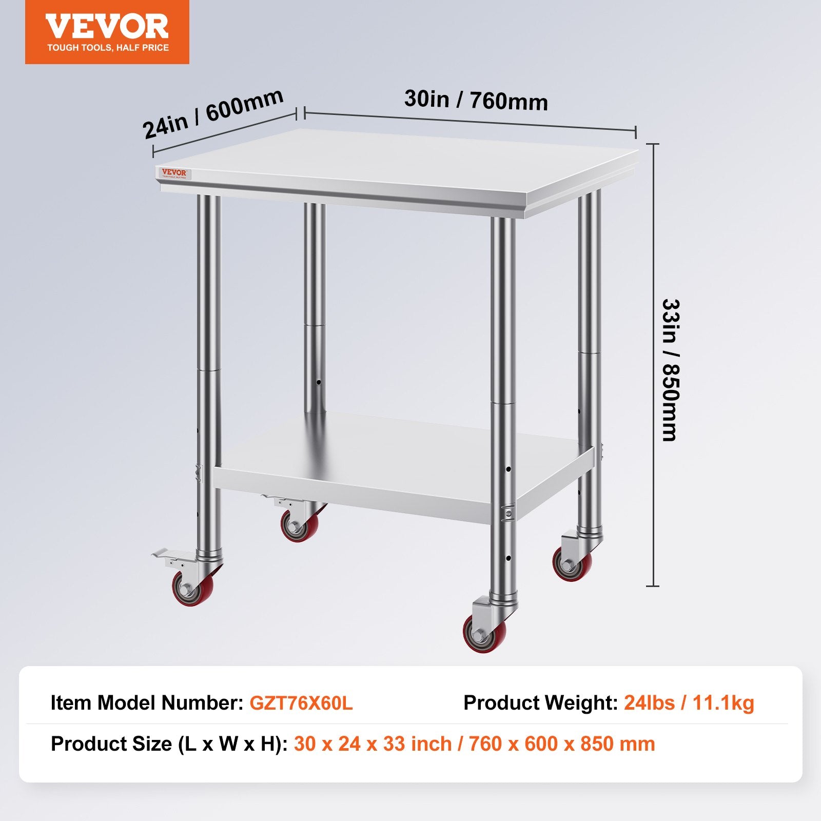 Stainless Steel Work Table 24x30x33.8in Wheels Heavy Duty Commercial Prep