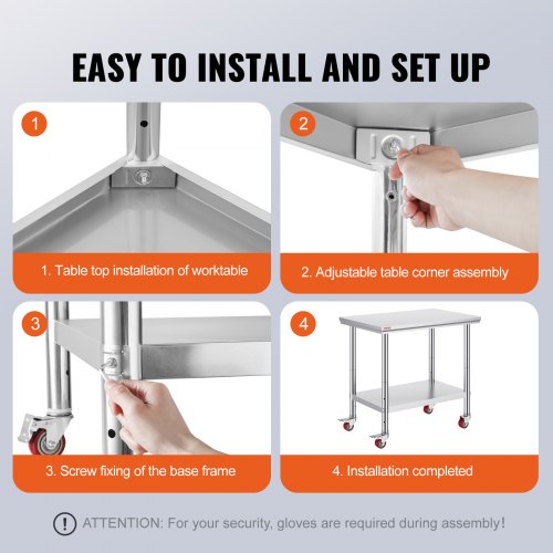VEVOR Stainless Steel Kitchen Work 36x24 in Heavy Duty Table with Casters