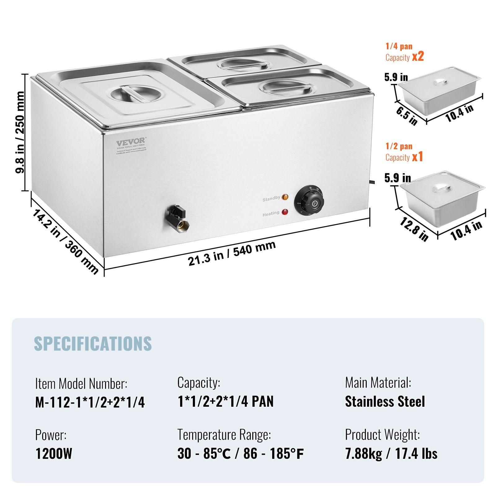 Food Warmer Commercial 3-Pan Electric Steam Table Stainless Steel 1200W
