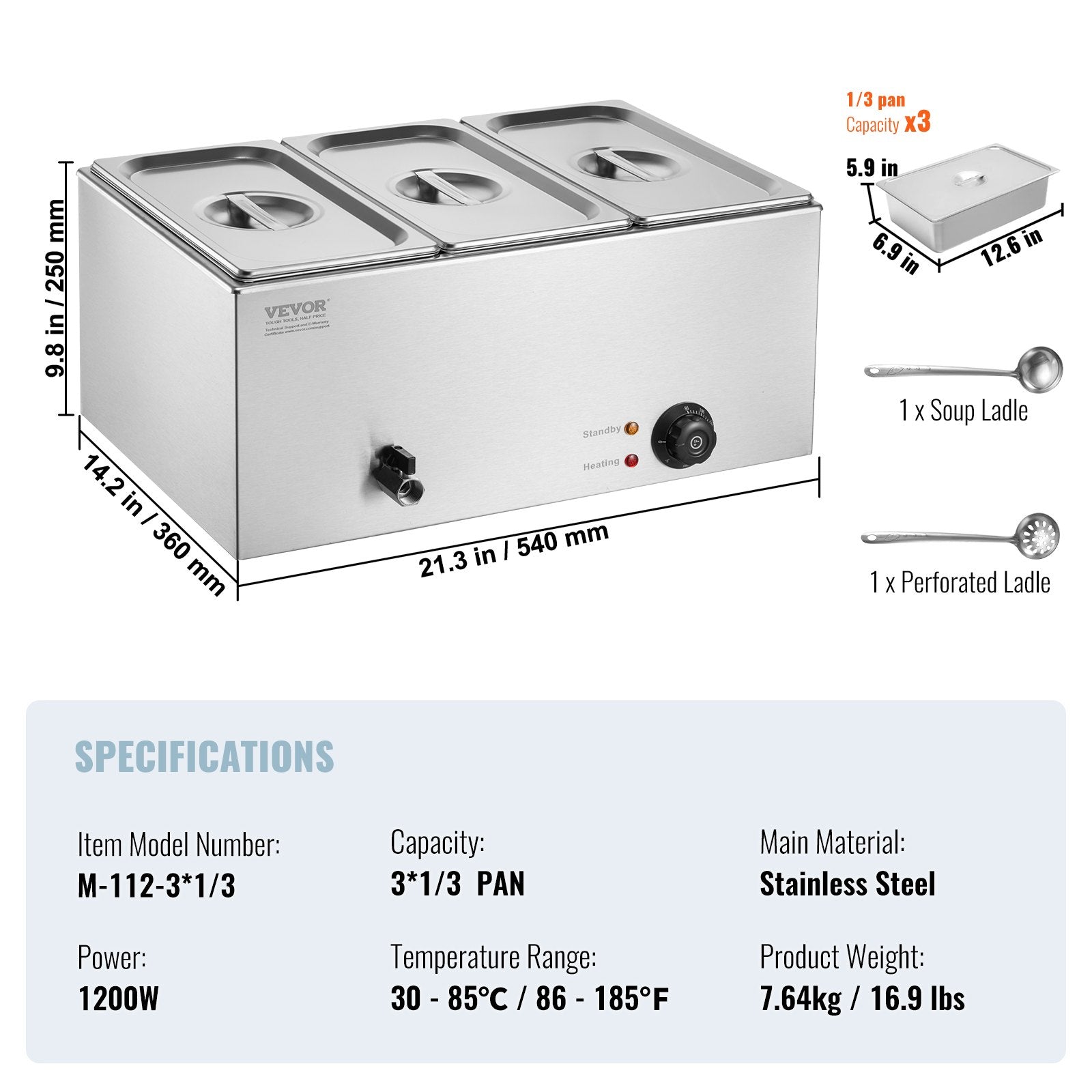 Food Warmer Commercial 3-Pan Electric Steam Table Stainless Steel 16.5L 1200W