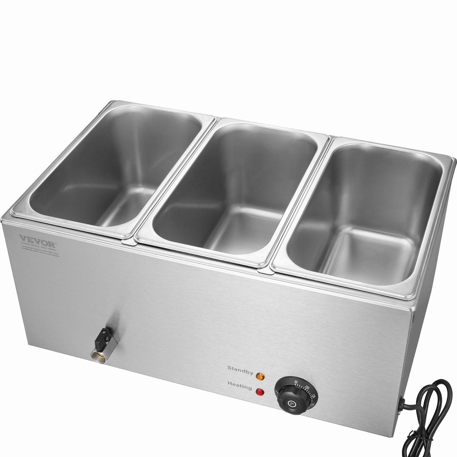 Food Warmer Commercial 3-Pan Electric Steam Table Stainless Steel 16.5L 1200W