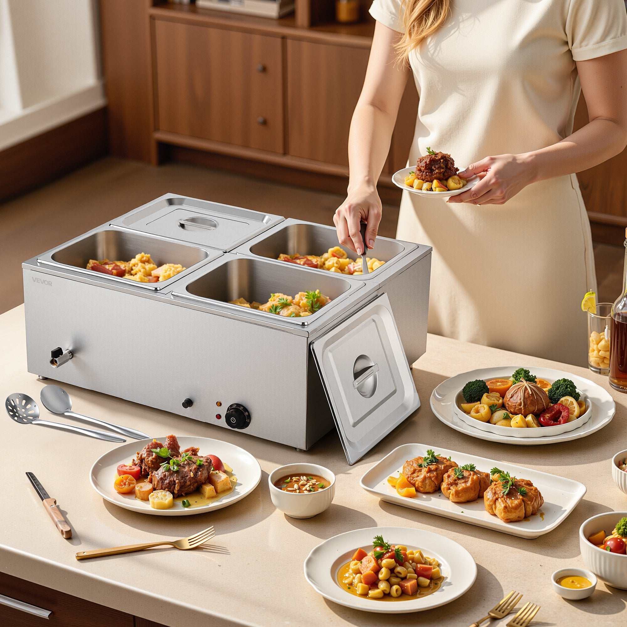 Food Warmer Commercial 4-Pan Electric Steam Stainless Steel 1500W with Lid