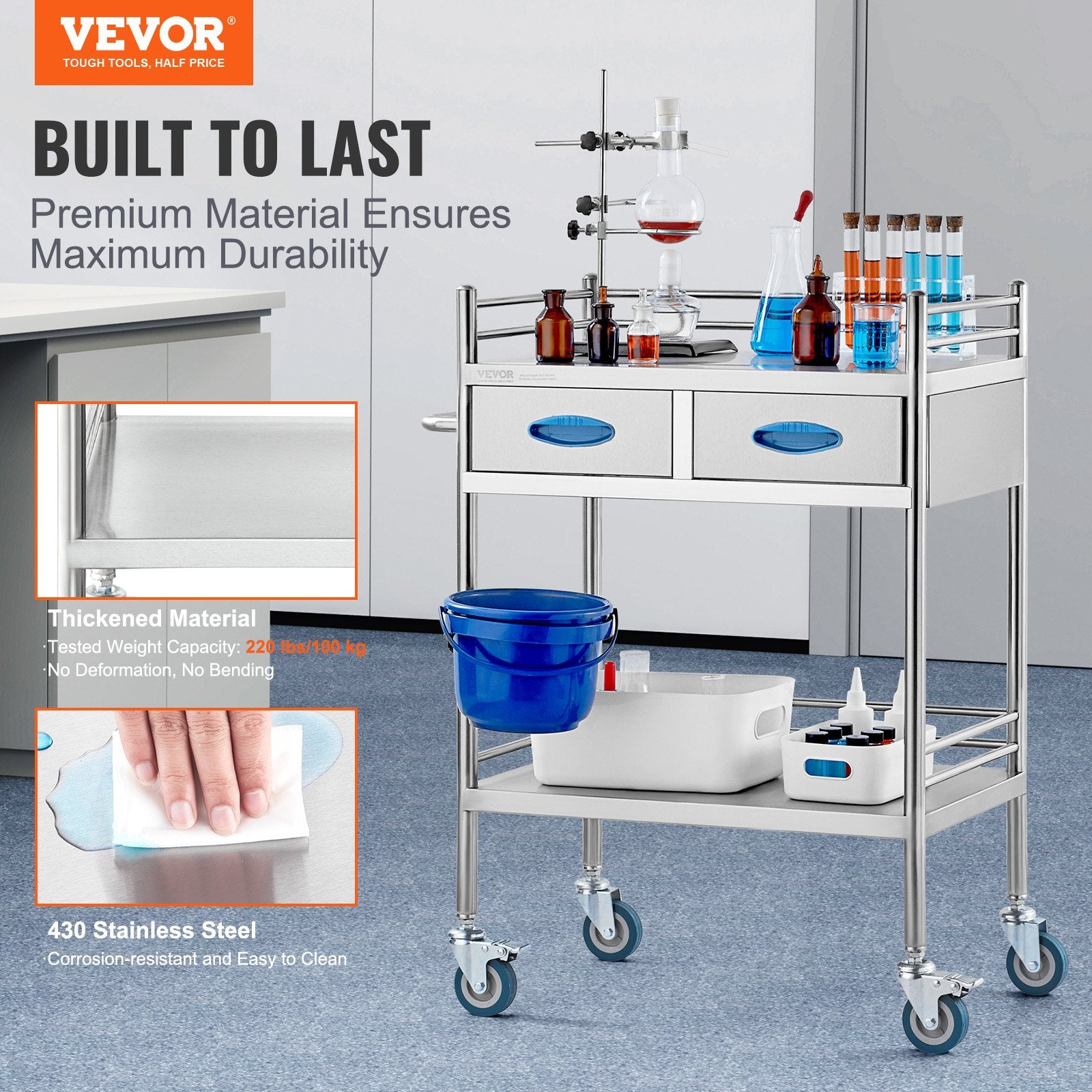 Lab Serving Cart 2-Layer Stainless Steel Utility Rolling Cart Drawers Bucket
