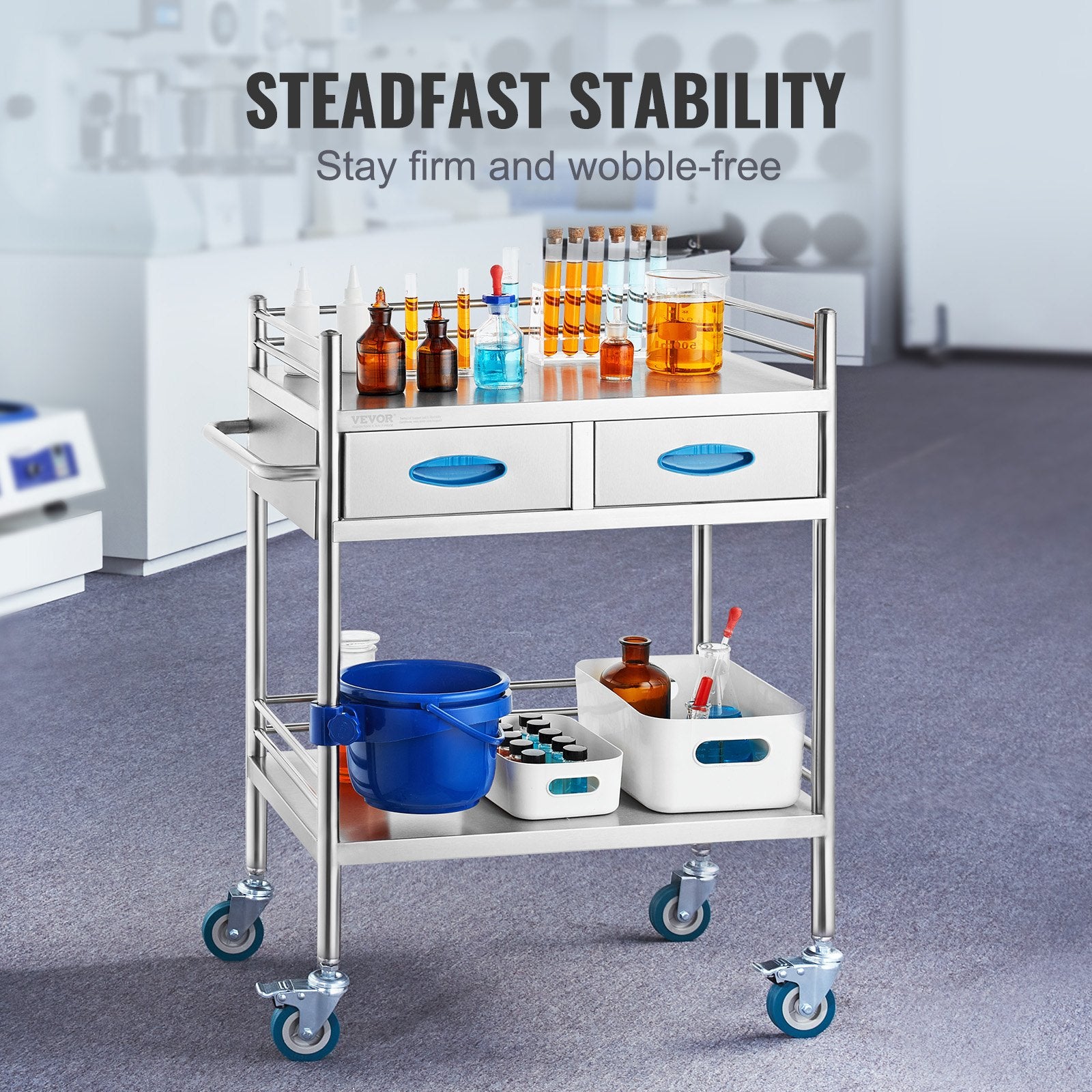 Lab Serving Cart 2-Layer Stainless Steel Utility Rolling Cart Drawers Bucket