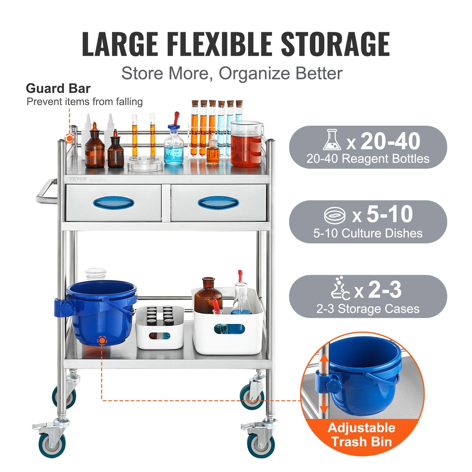 Lab Serving Cart 2-Layer Stainless Steel Utility Rolling Cart Drawers Bucket