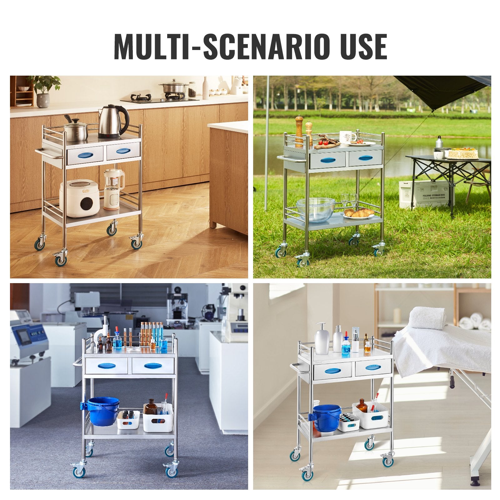 Lab Serving Cart 2-Layer Stainless Steel Utility Rolling Cart Drawers Bucket