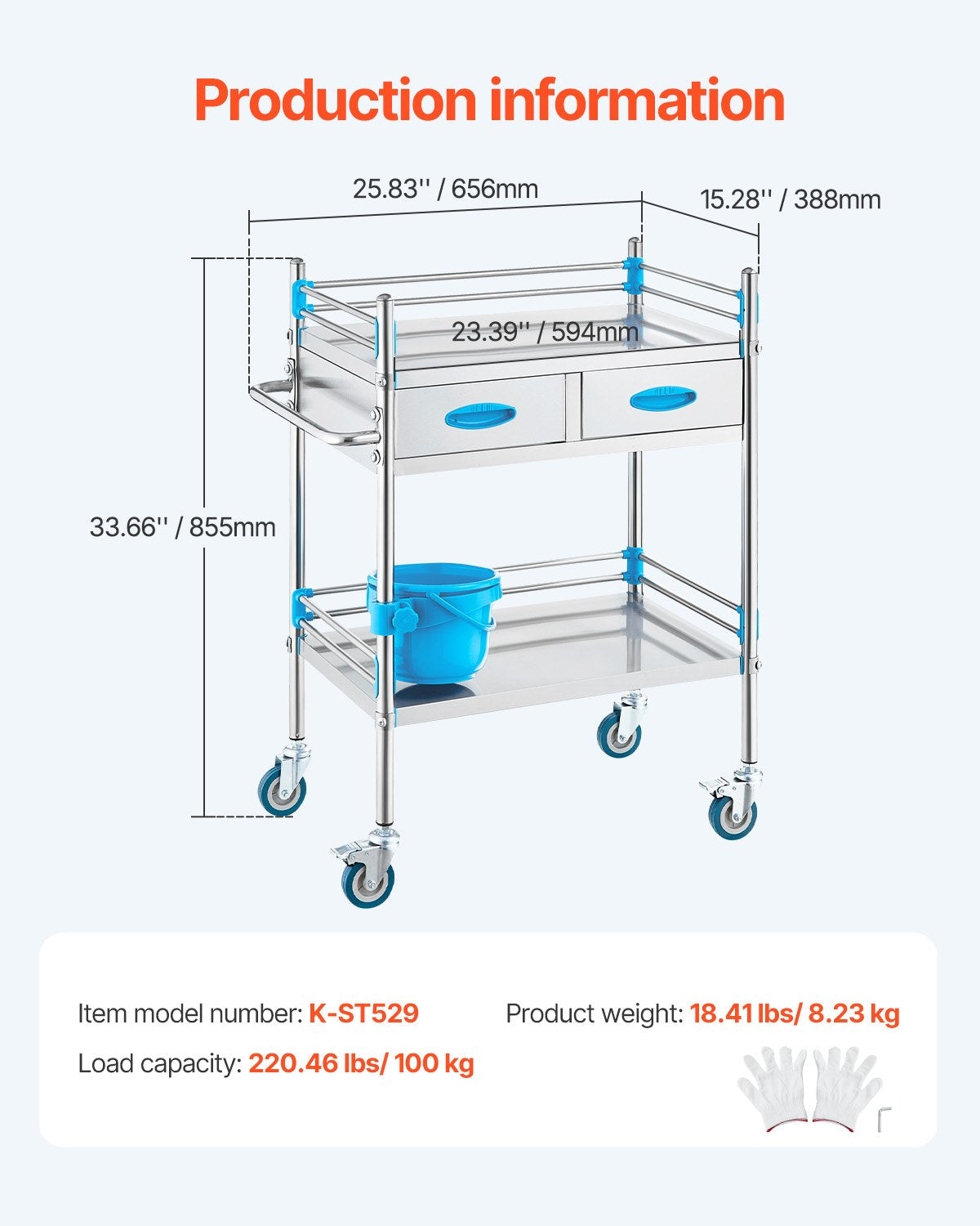 Lab Serving Cart 2-Layer Stainless Steel Utility Rolling Cart Drawers Bucket