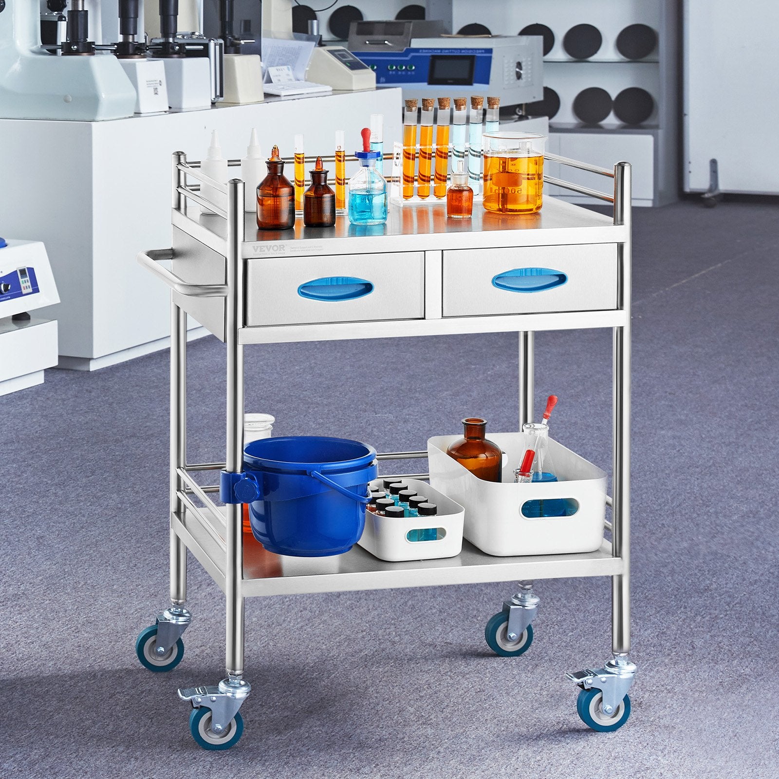 Lab Serving Cart 2-Layer Stainless Steel Utility Rolling Cart Drawers Bucket