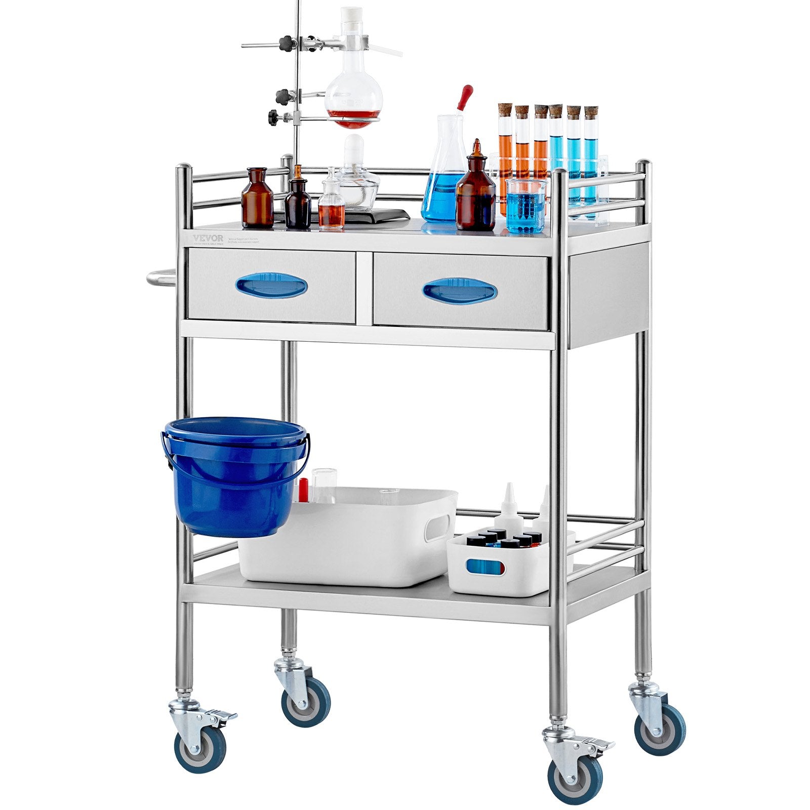 Lab Serving Cart 2-Layer Stainless Steel Utility Rolling Cart Drawers Bucket