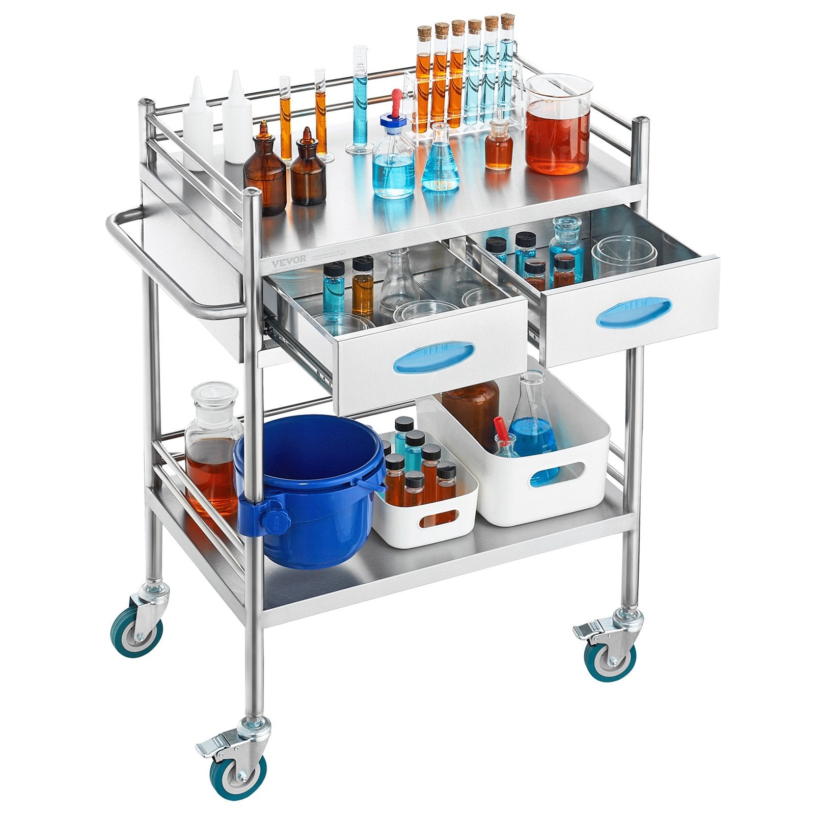 Lab Serving Cart 2-Layer Stainless Steel Utility Rolling Cart Drawers Bucket