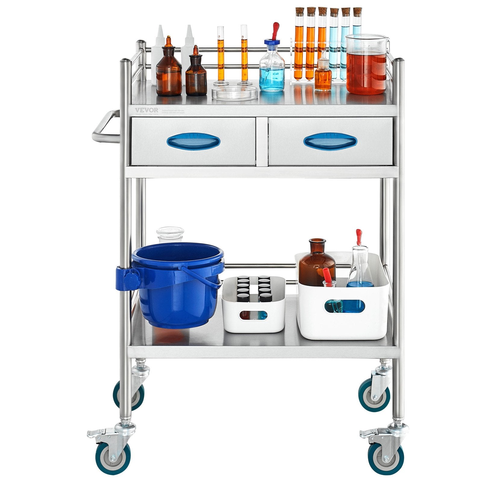 Lab Serving Cart 2-Layer Stainless Steel Utility Rolling Cart Drawers Bucket
