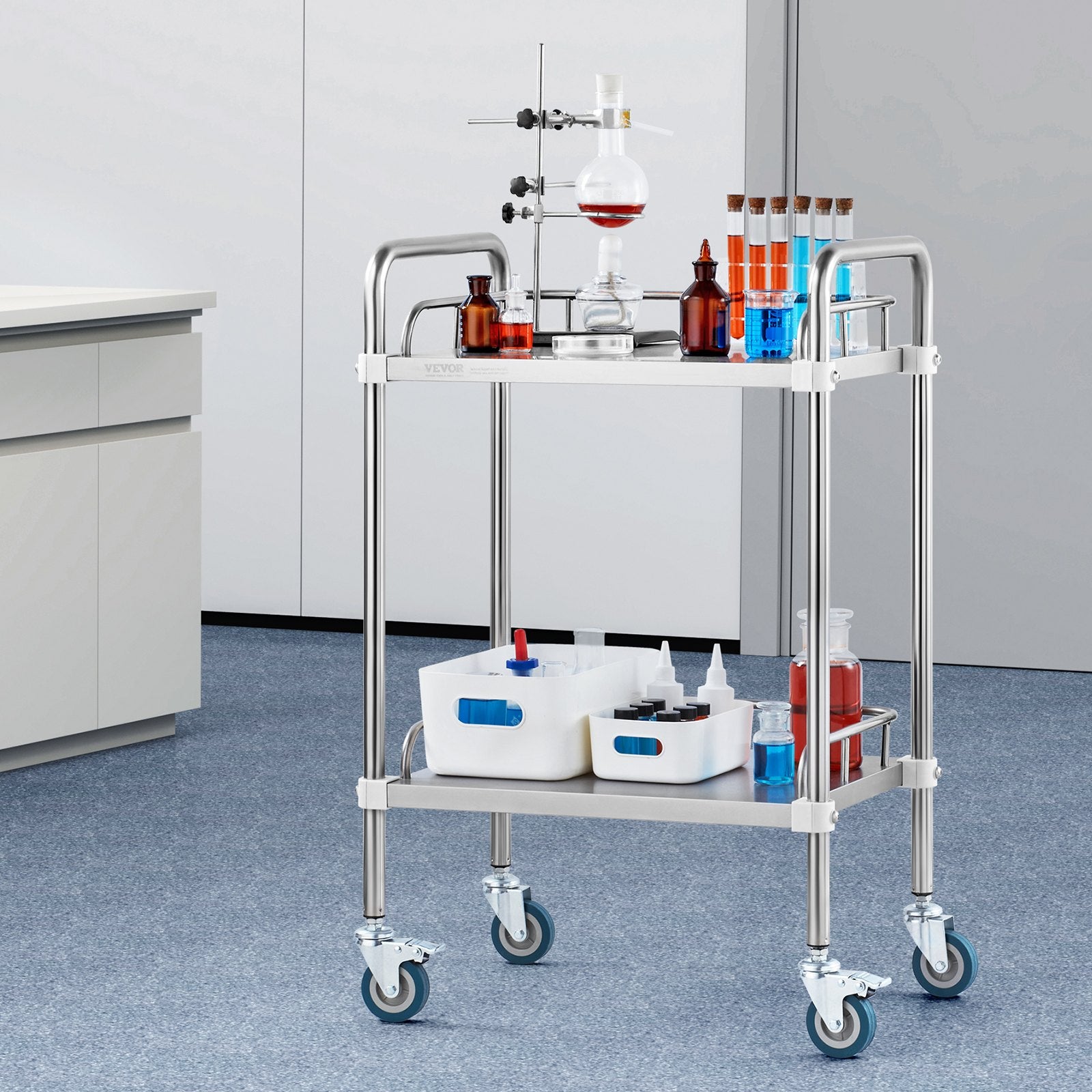 2-Shelf Stainless Steel Lab Rolling Cart with Swivel Casters for Clinic Salon