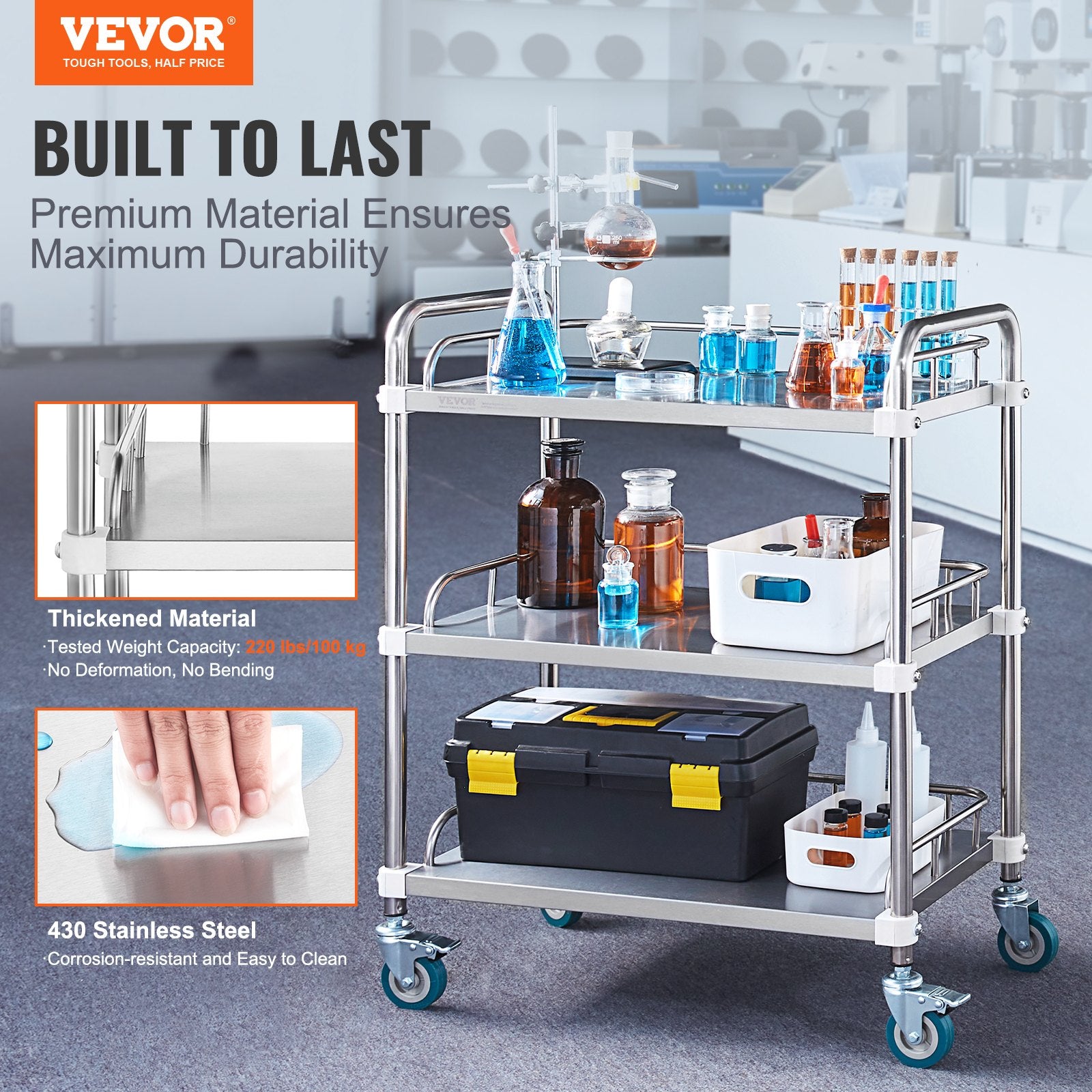 Lab Rolling Cart 3-Shelf Stainless Steel Serving Cart Swivel Casters Clinic