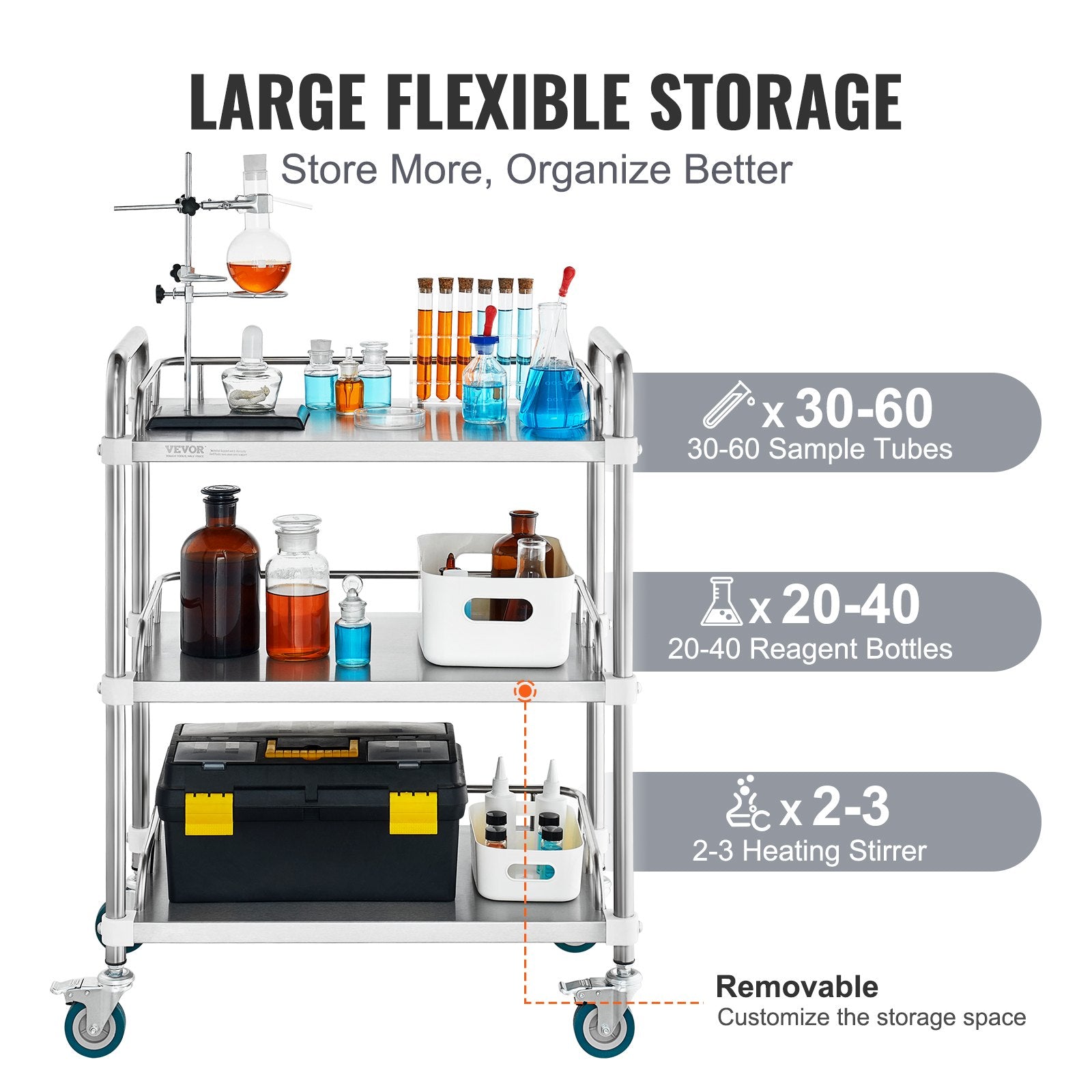 Lab Rolling Cart 3-Shelf Stainless Steel Serving Cart Swivel Casters Clinic
