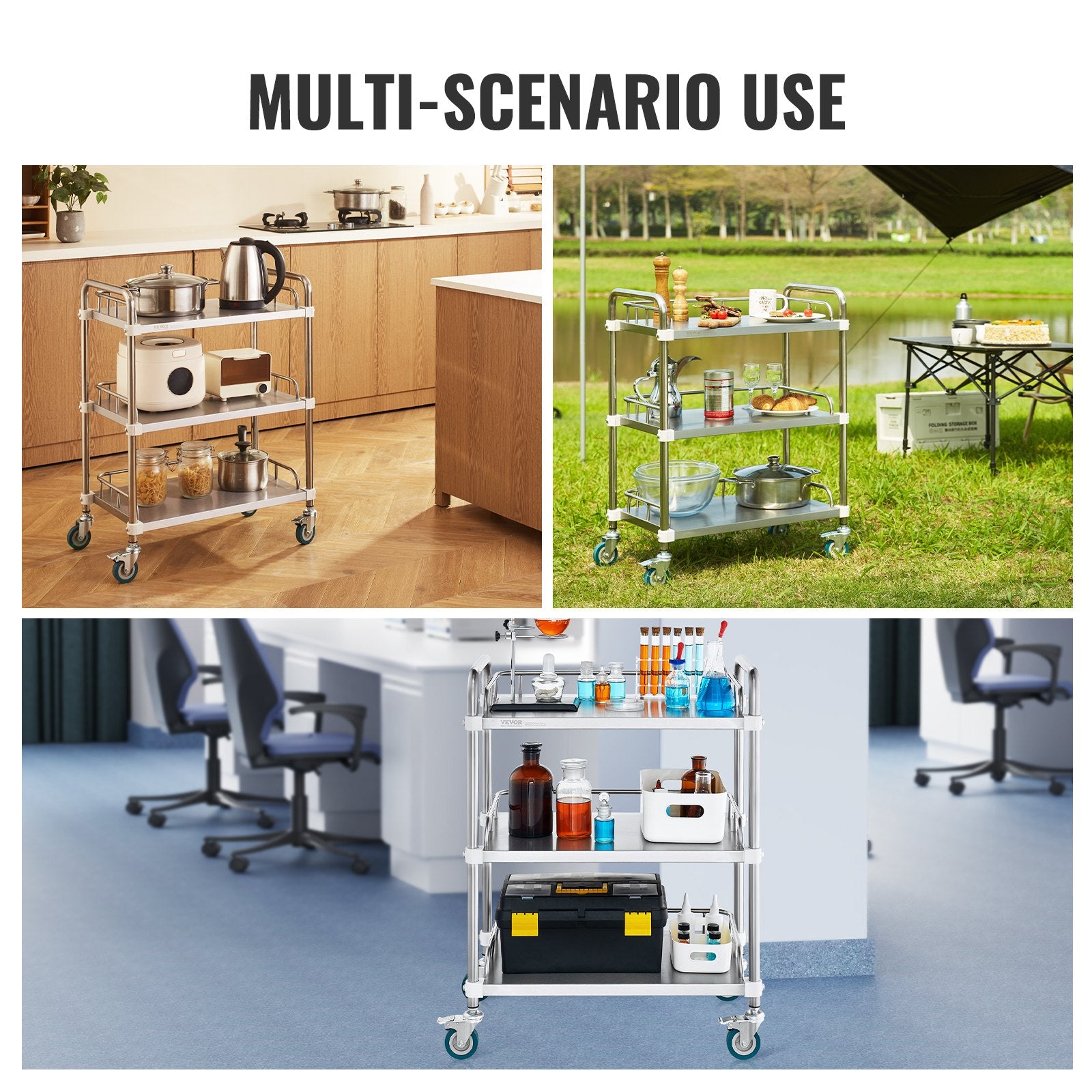 Lab Rolling Cart 3-Shelf Stainless Steel Serving Cart Swivel Casters Clinic