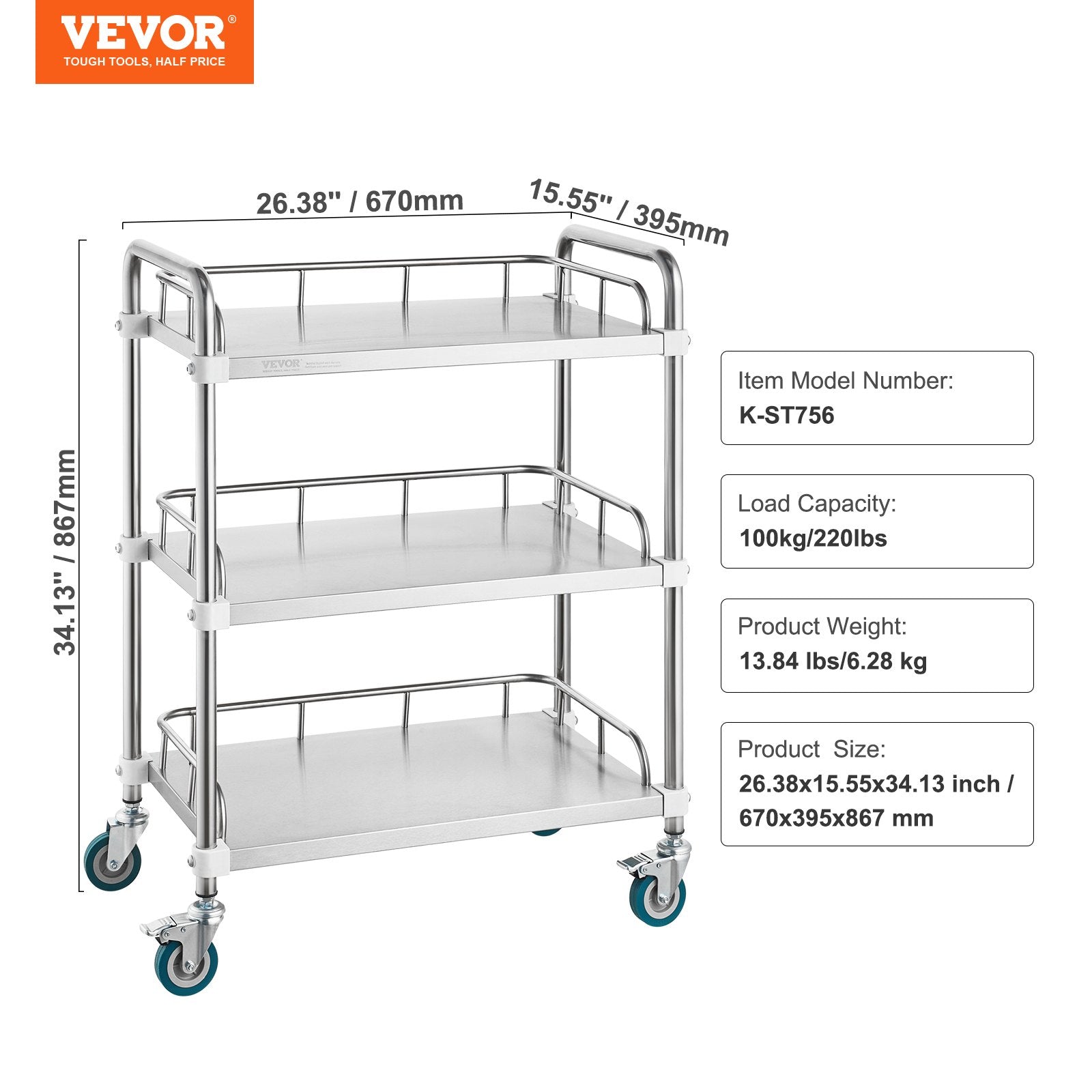 Lab Rolling Cart 3-Shelf Stainless Steel Serving Cart Swivel Casters Clinic