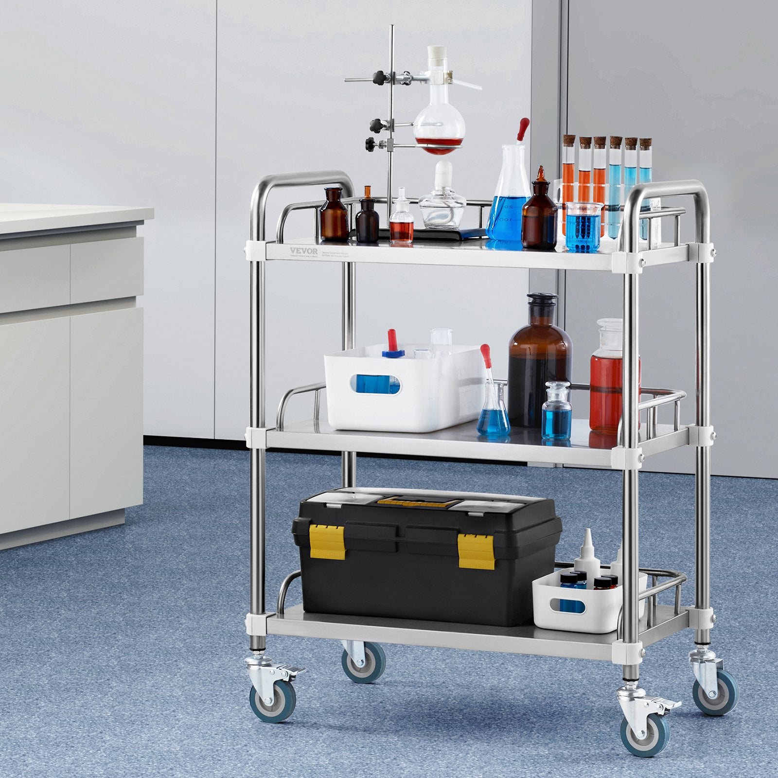 Lab Rolling Cart 3-Shelf Stainless Steel Serving Cart Swivel Casters Clinic