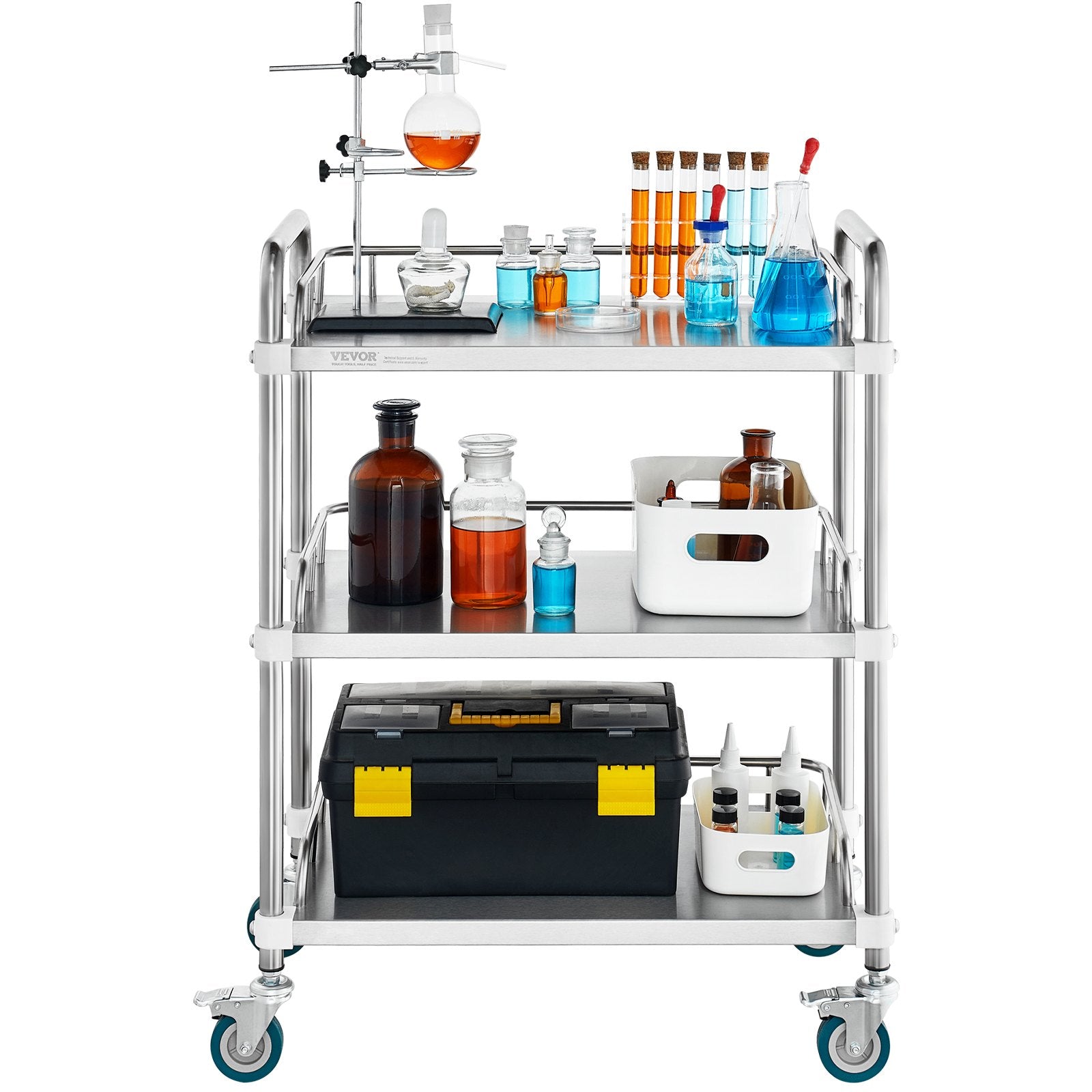 Lab Rolling Cart 3-Shelf Stainless Steel Serving Cart Swivel Casters Clinic
