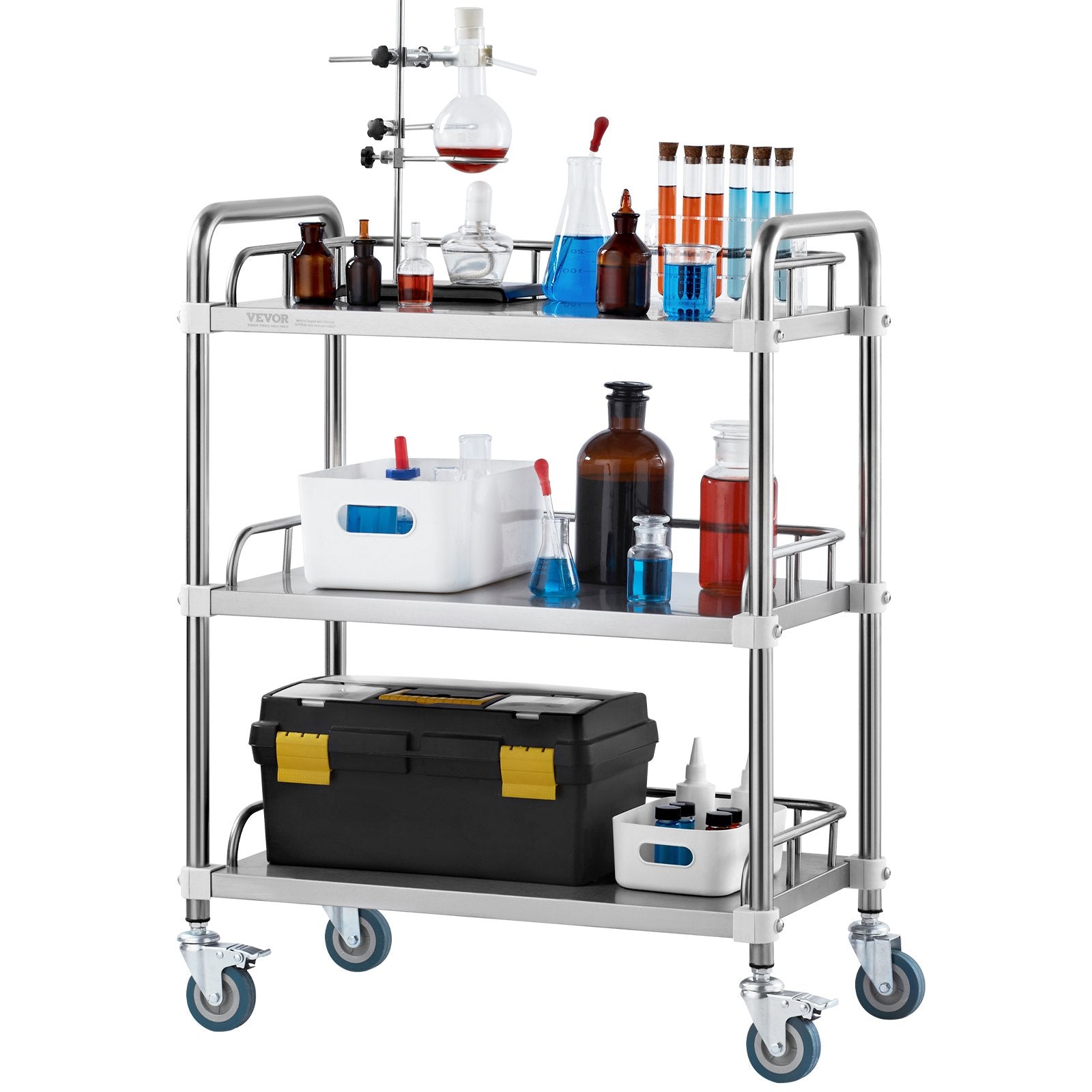 Lab Rolling Cart 3-Shelf Stainless Steel Serving Cart Swivel Casters Clinic