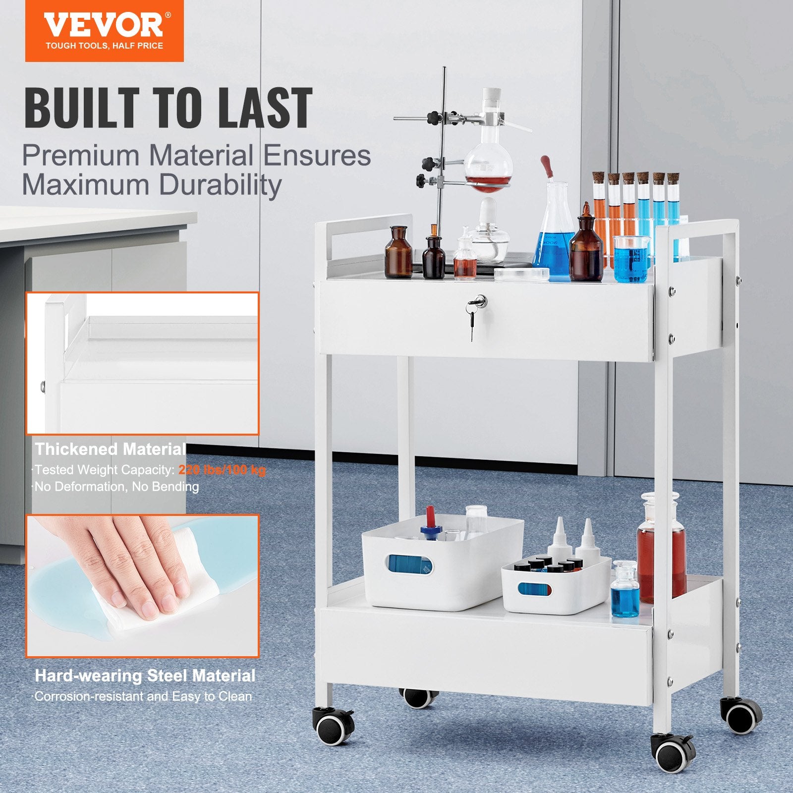Lab Cart 2-Tier Stainless Steel Utility Rolling Cart Drawers Medical White