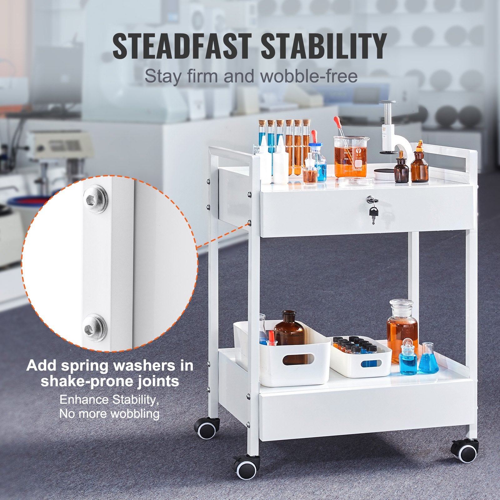 Lab Cart 2-Tier Stainless Steel Utility Rolling Cart Drawers Medical White