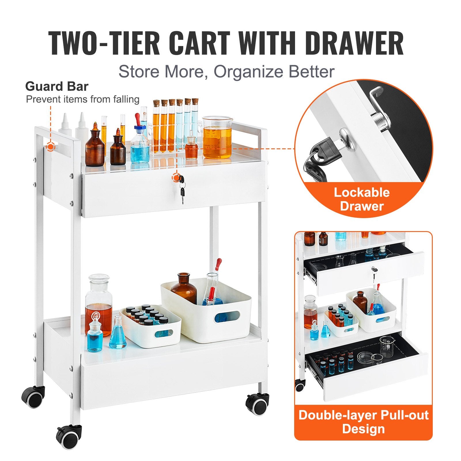 Lab Cart 2-Tier Stainless Steel Utility Rolling Cart Drawers Medical White