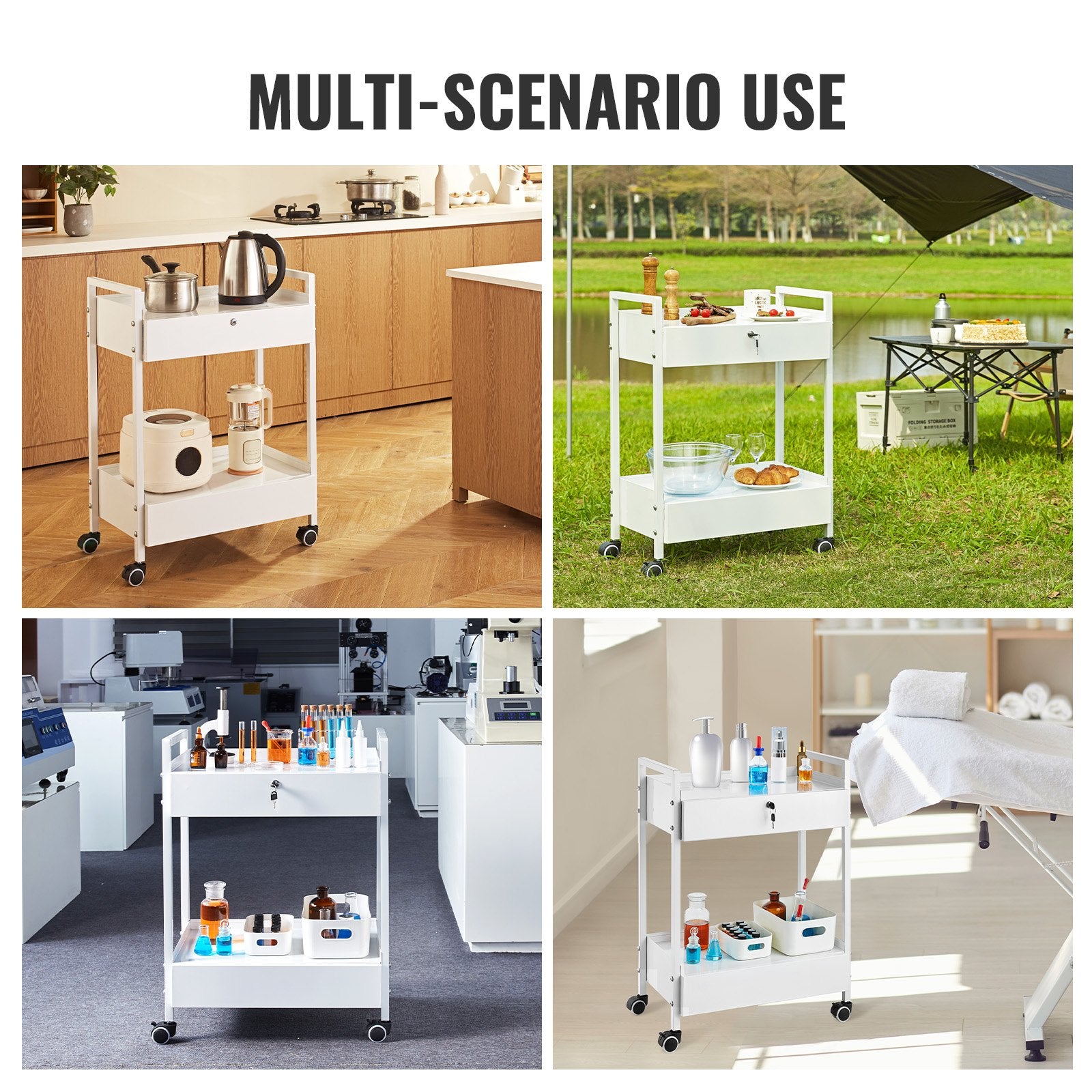 Lab Cart 2-Tier Stainless Steel Utility Rolling Cart Drawers Medical White
