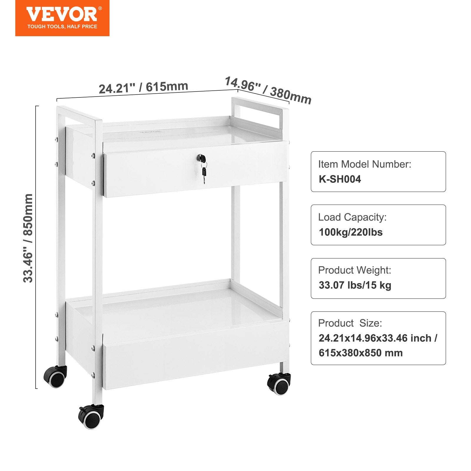 Lab Cart 2-Tier Stainless Steel Utility Rolling Cart Drawers Medical White