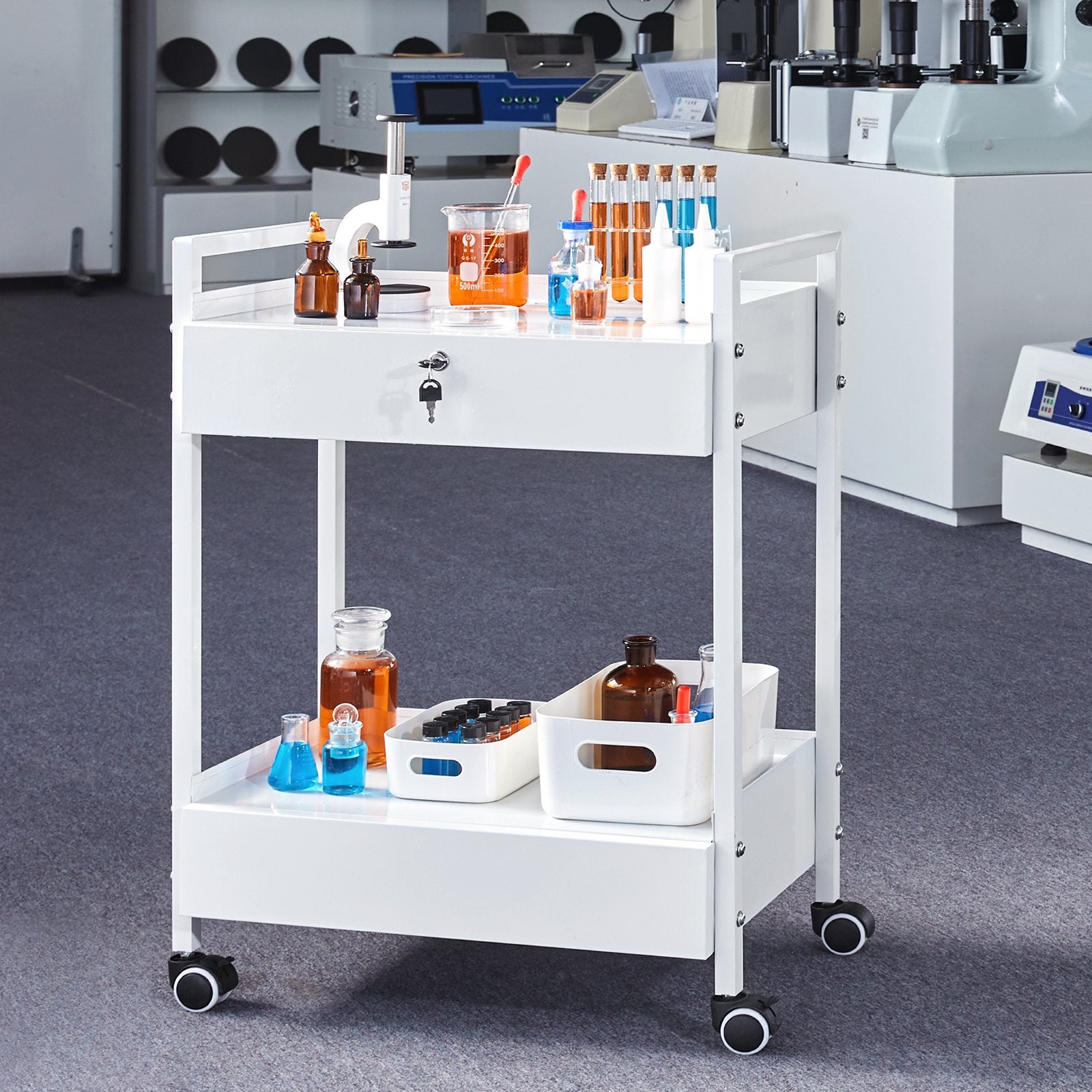 Lab Cart 2-Tier Stainless Steel Utility Rolling Cart Drawers Medical White