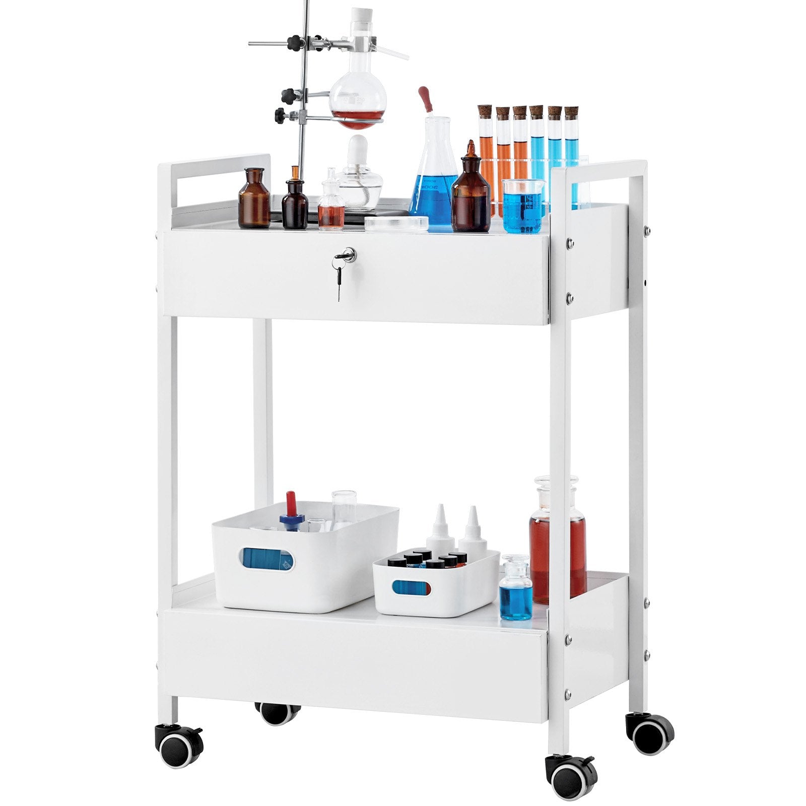 Lab Cart 2-Tier Stainless Steel Utility Rolling Cart Drawers Medical White